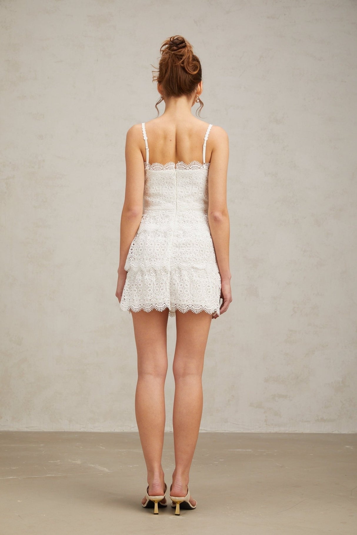 Emilee Mini Dress - V - neck - Sleeveless - Lace Trim - Tiered Design - Fitted Silhouette
