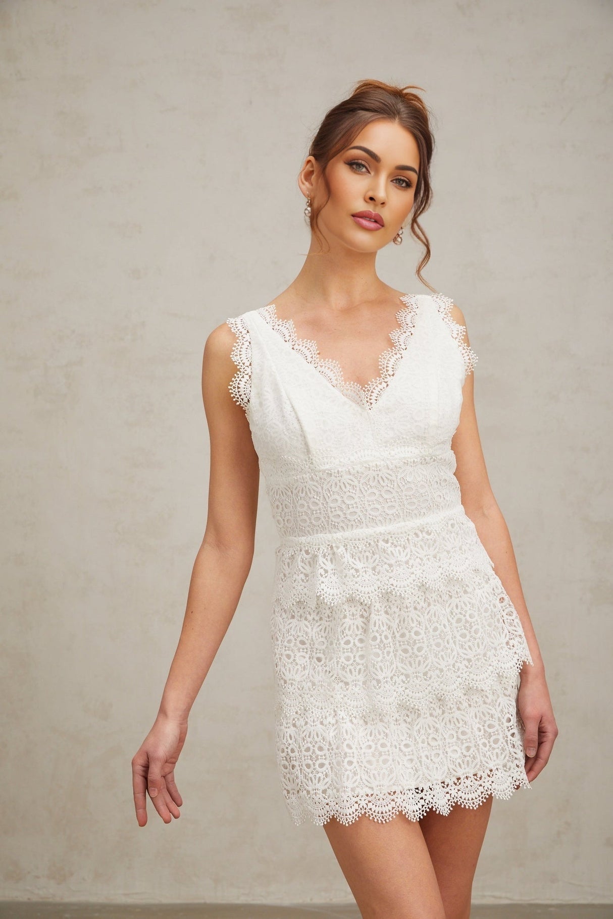 Emilee Mini Dress - V - neck - Sleeveless - Lace Trim - Tiered Design - Fitted Silhouette
