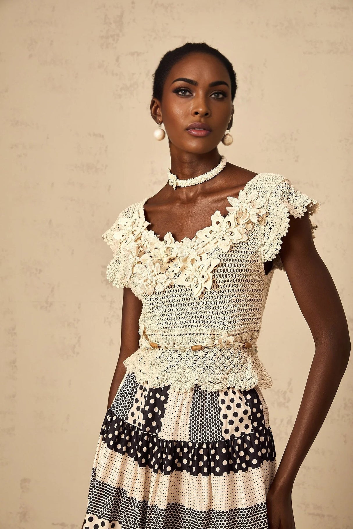 Emilee Top Beaded Crochet 3D - Petal Cut - Out & Bead Embellishment