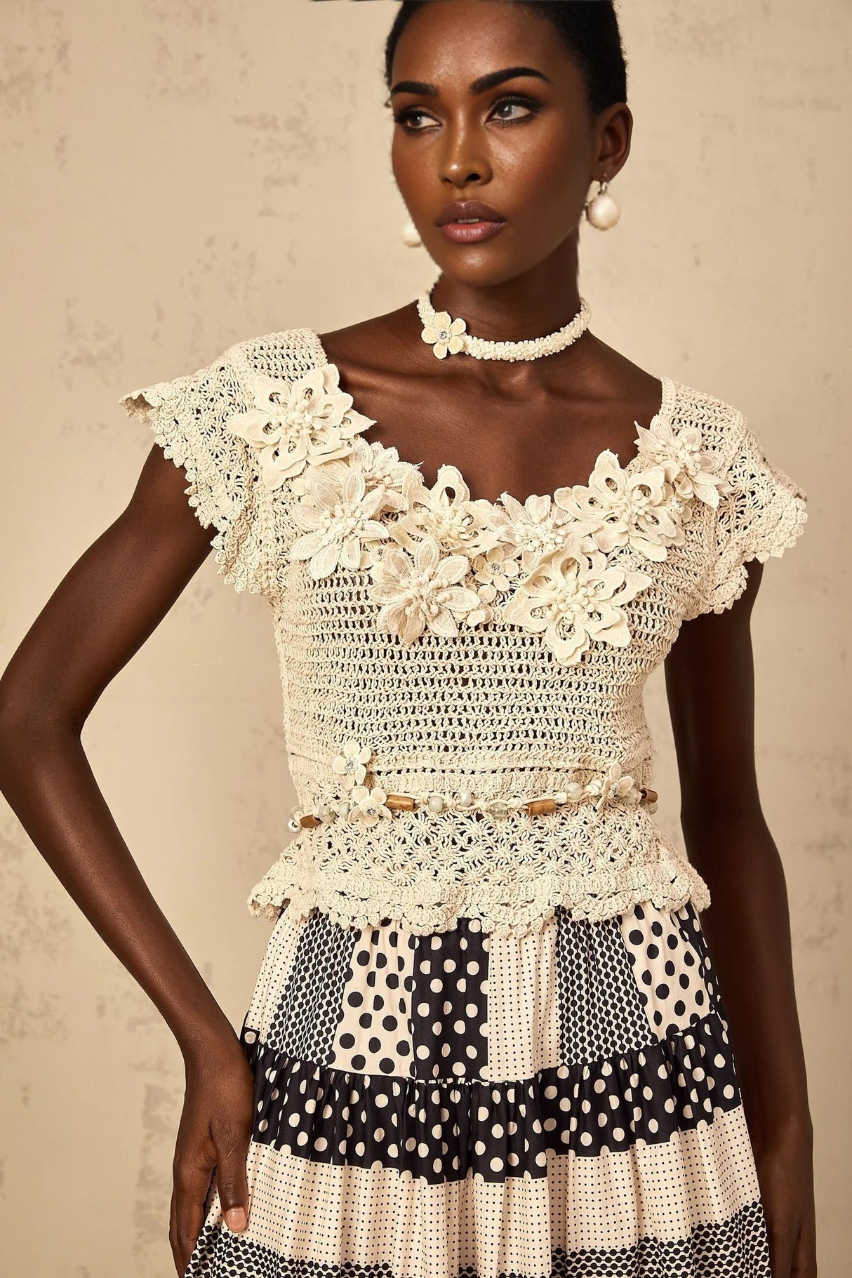 Emilee Top Beaded Crochet 3D - Petal Cut - Out & Bead Embellishment