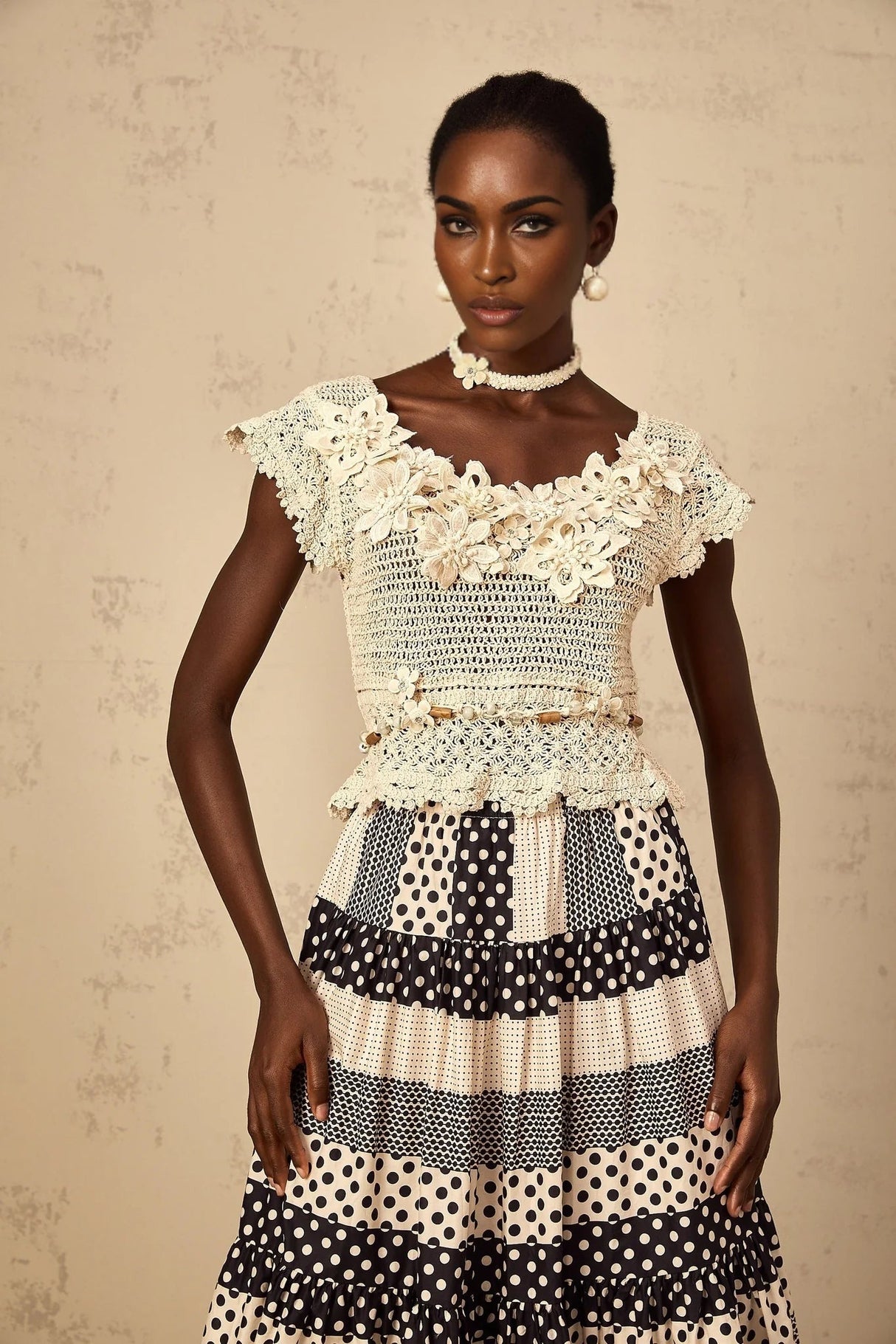 Emilee Top Beaded Crochet 3D - Petal Cut - Out & Bead Embellishment