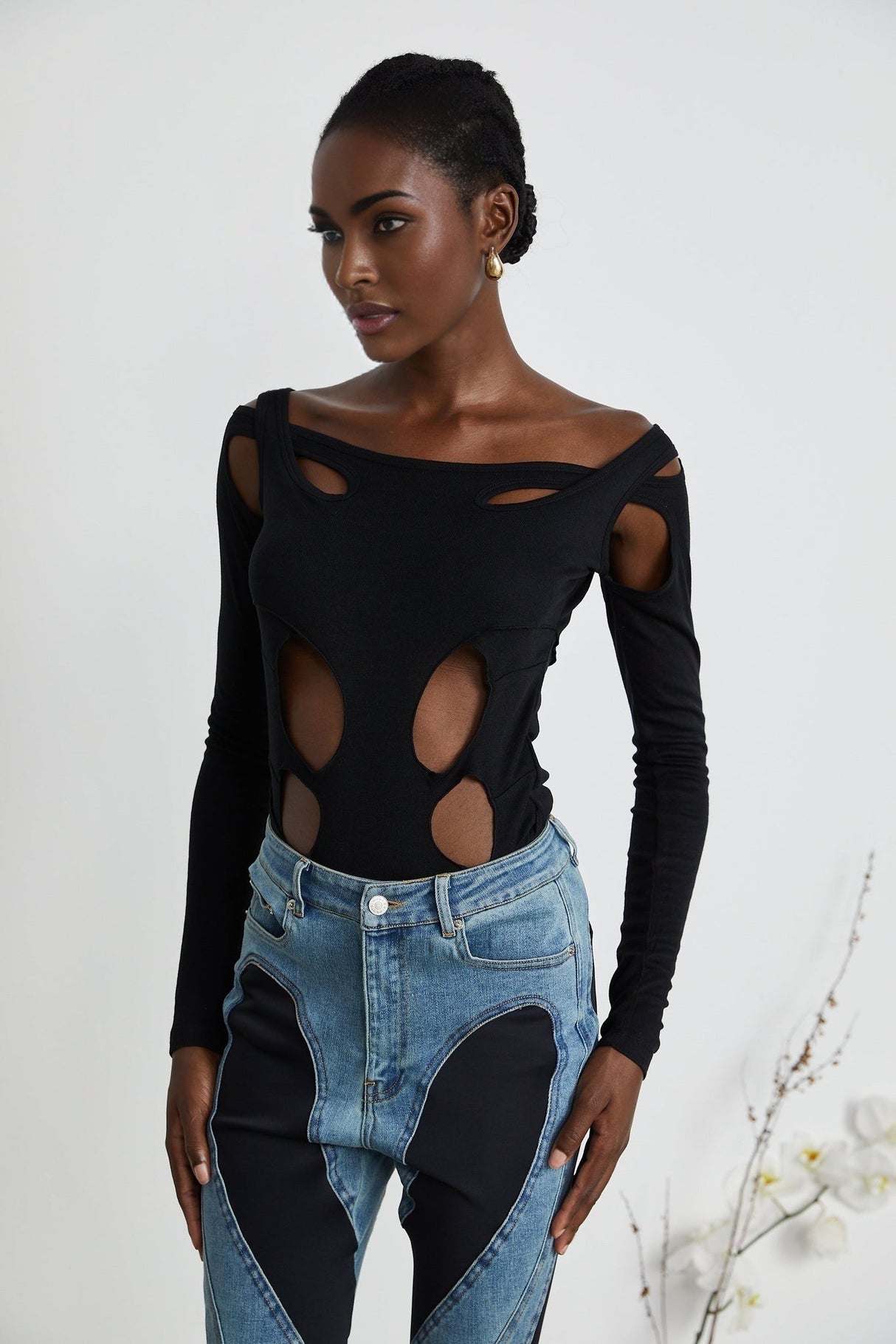 Emilia Bodysuit - Long Sleeve - Cut - Out Design - Double - Layer Construction - Semi - Sheer