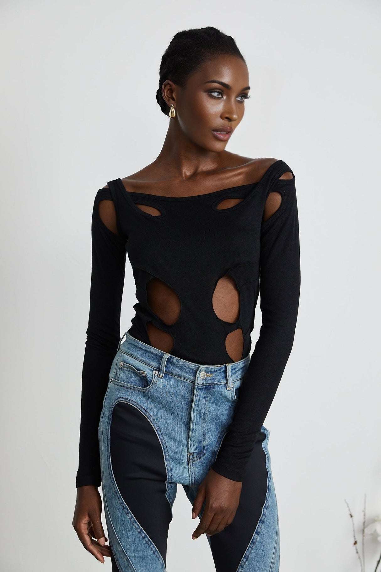 Emilia Bodysuit - Long Sleeve - Cut - Out Design - Double - Layer Construction - Semi - Sheer