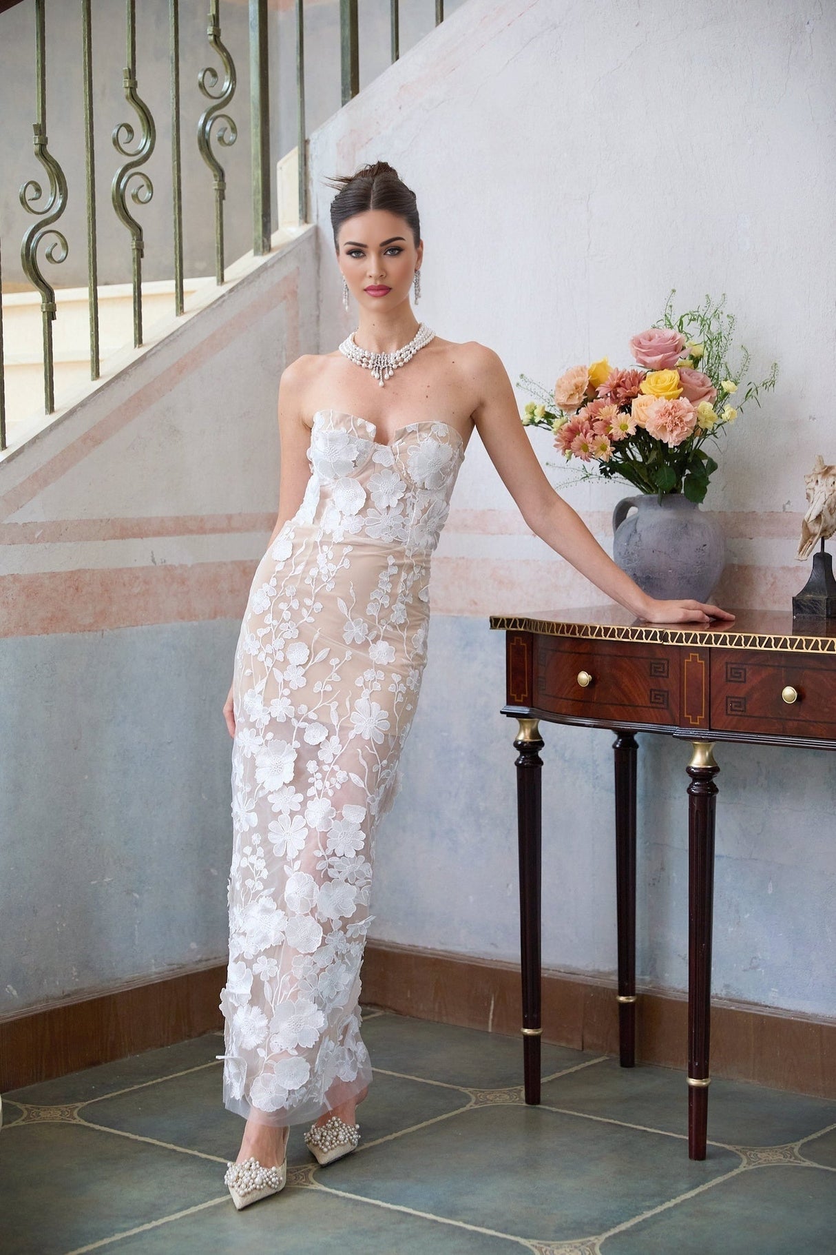 Emilia Floral Maxi Dress - Corset Style Top - Boned Bodice - Feminine Floral Appliqués - Maxi Length