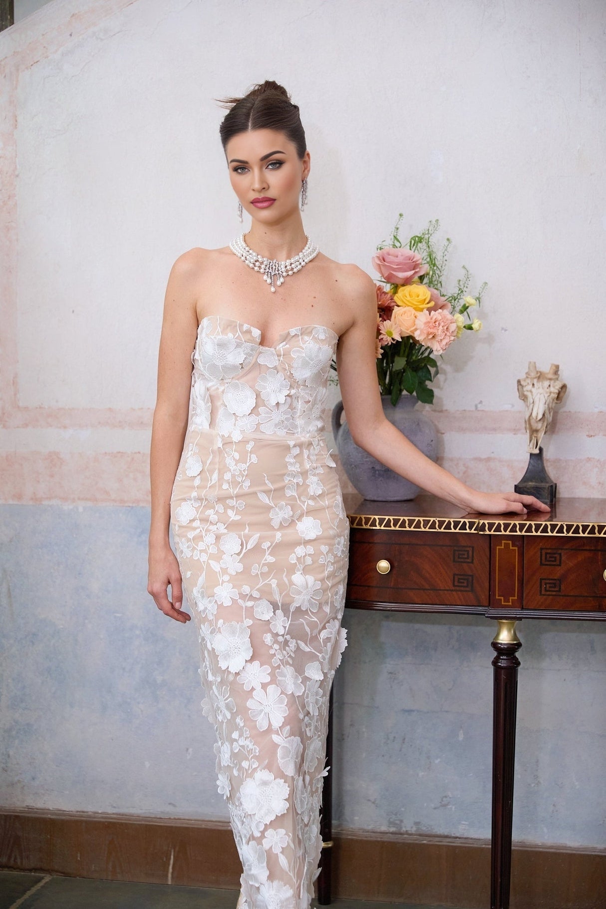 Emilia Floral Maxi Dress - Corset Style Top - Boned Bodice - Feminine Floral Appliqués - Maxi Length