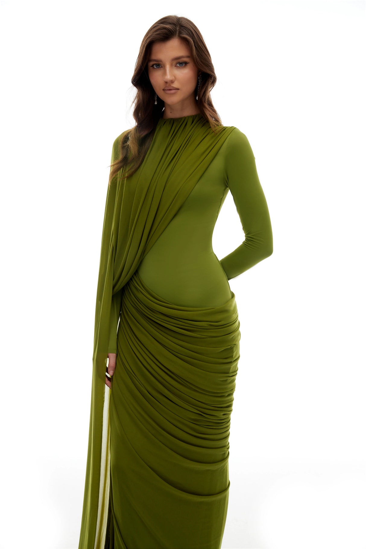 Emilia Green Asymmetrical Ribbon Draped Maxi Dress