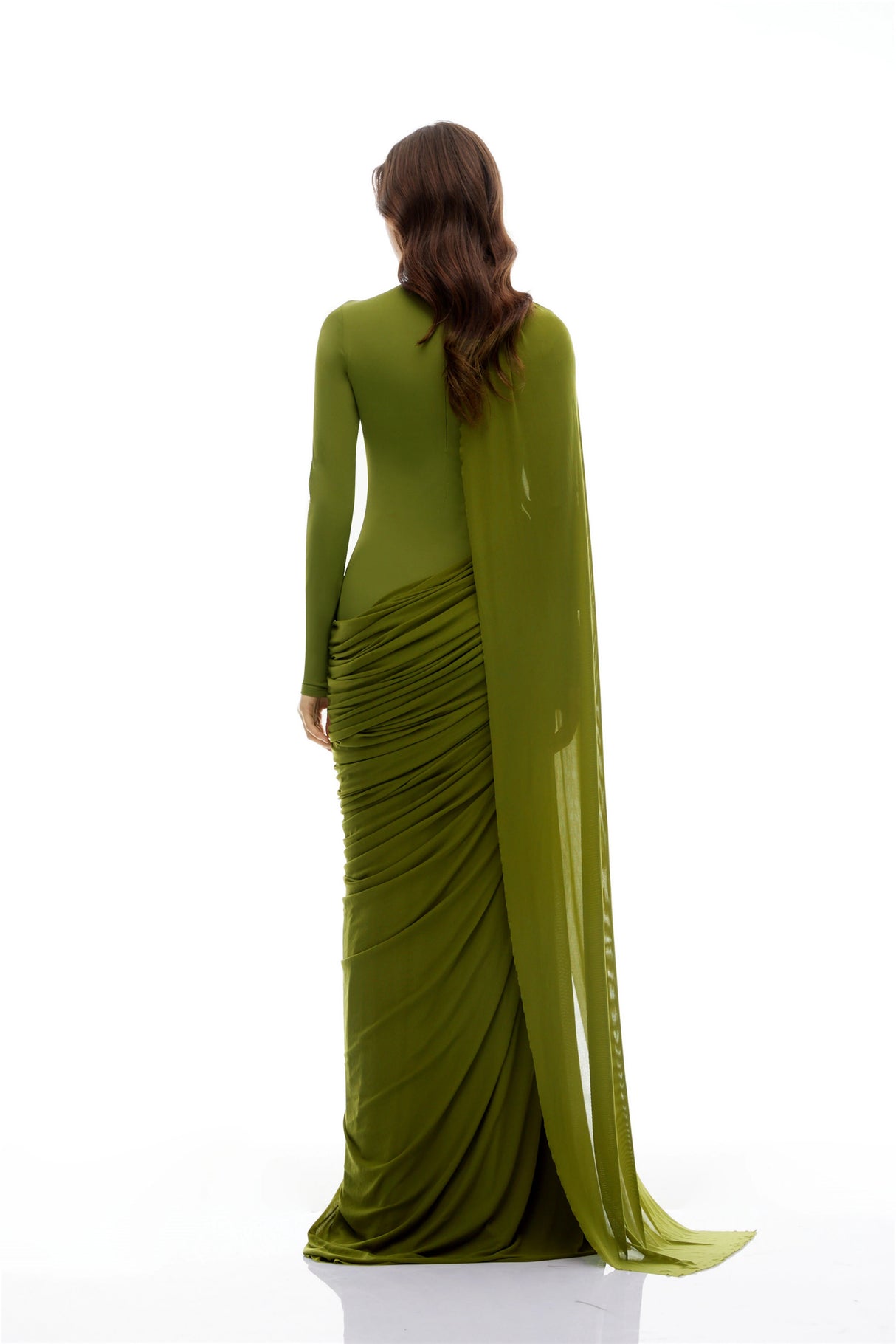 Emilia Green Asymmetrical Ribbon Draped Maxi Dress