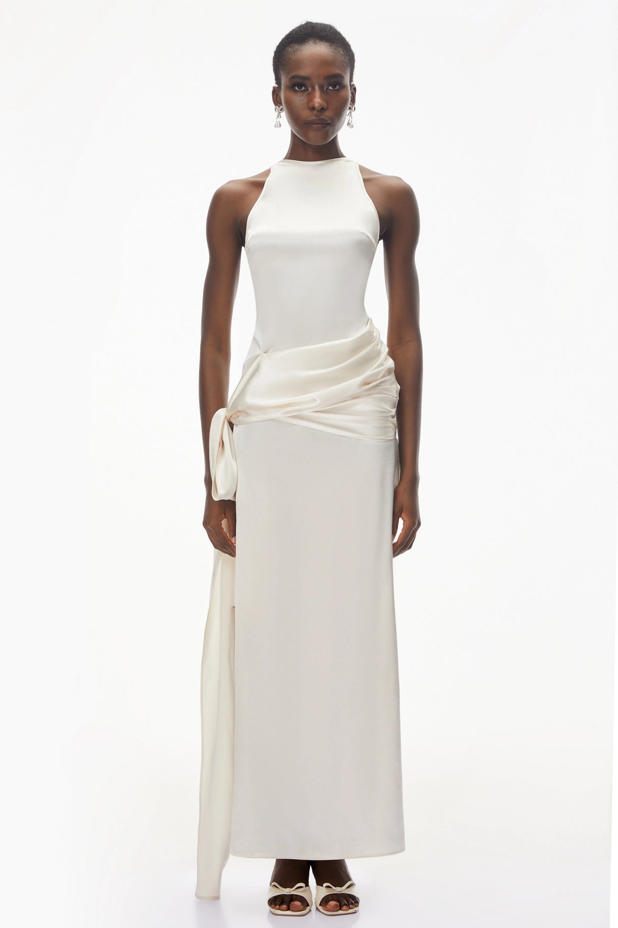 Emilia Ivory Satin Maxi Dress with Bow Detail