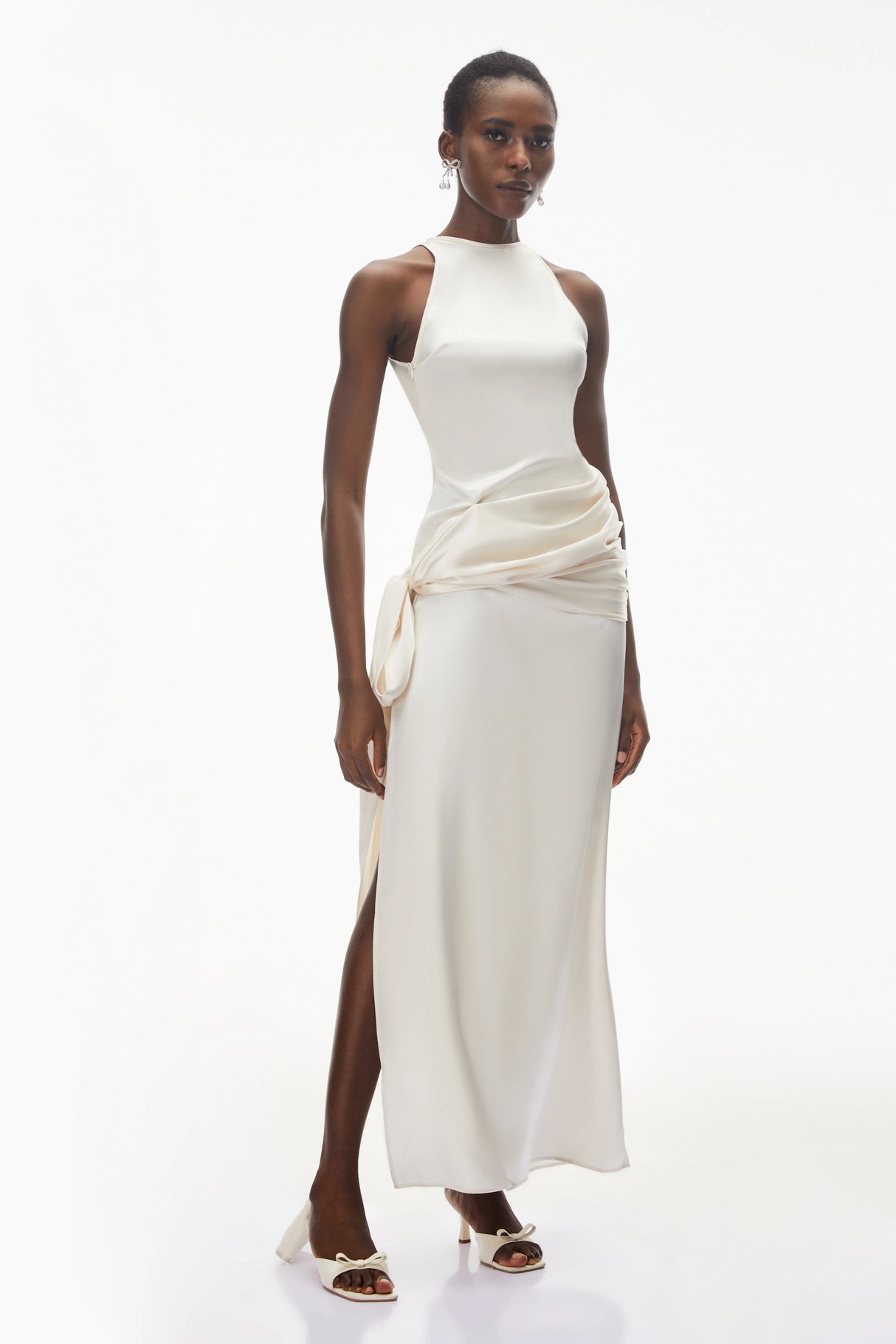Emilia Ivory Satin Maxi Dress with Bow Detail