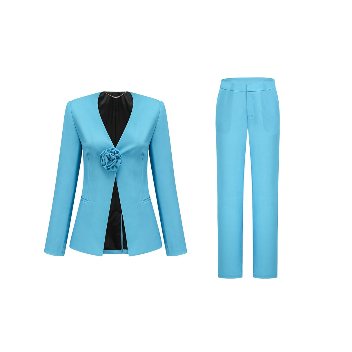 Emilia Jacket & Trousers Set - V Neck Design - Floral Appliqué - High Waist Flared Trousers - Front Button Fastening - Stylish Ensemble