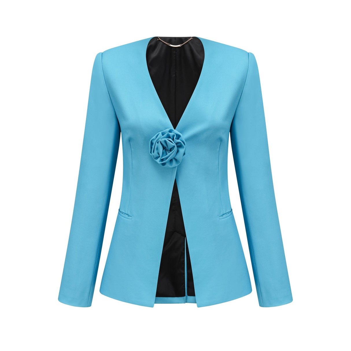 Emilia Jacket & Trousers Set - V Neck Design - Floral Appliqué - High Waist Flared Trousers - Front Button Fastening - Stylish Ensemble