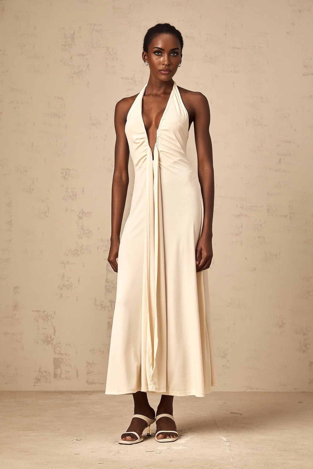 Emilia Maxi Dress White Deep - V Draped Ribbon Ruched Ankle - Length