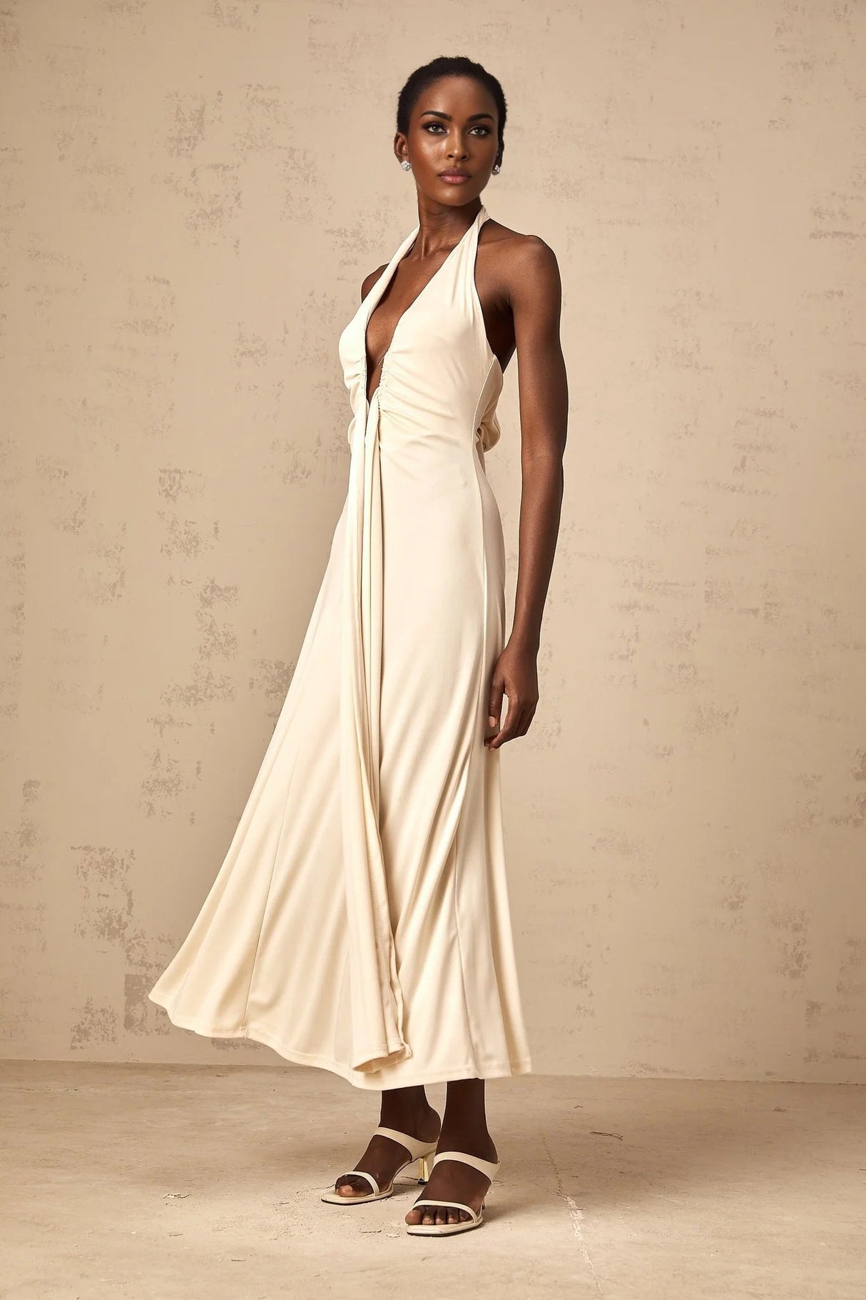 Emilia Maxi Dress White Deep - V Draped Ribbon Ruched Ankle - Length