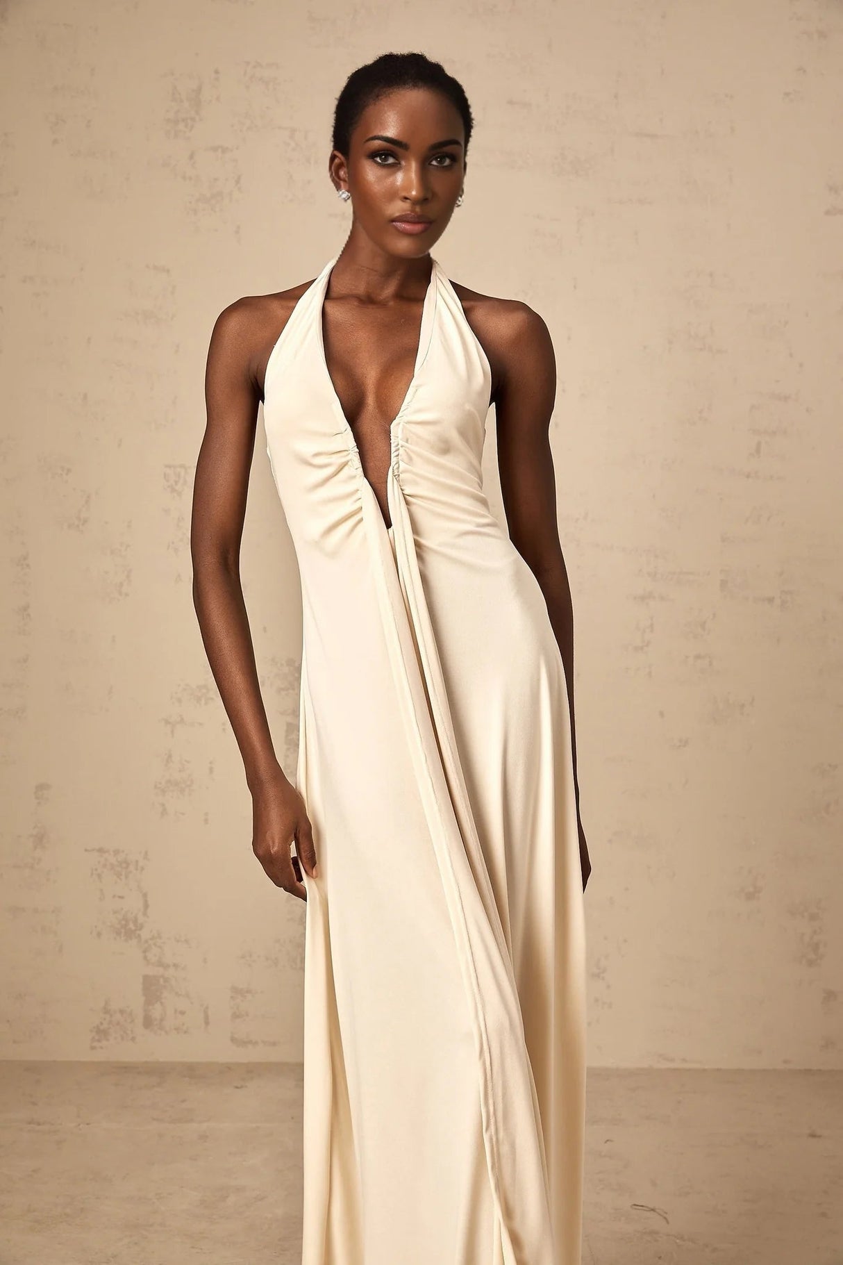 Emilia Maxi Dress White Deep - V Draped Ribbon Ruched Ankle - Length