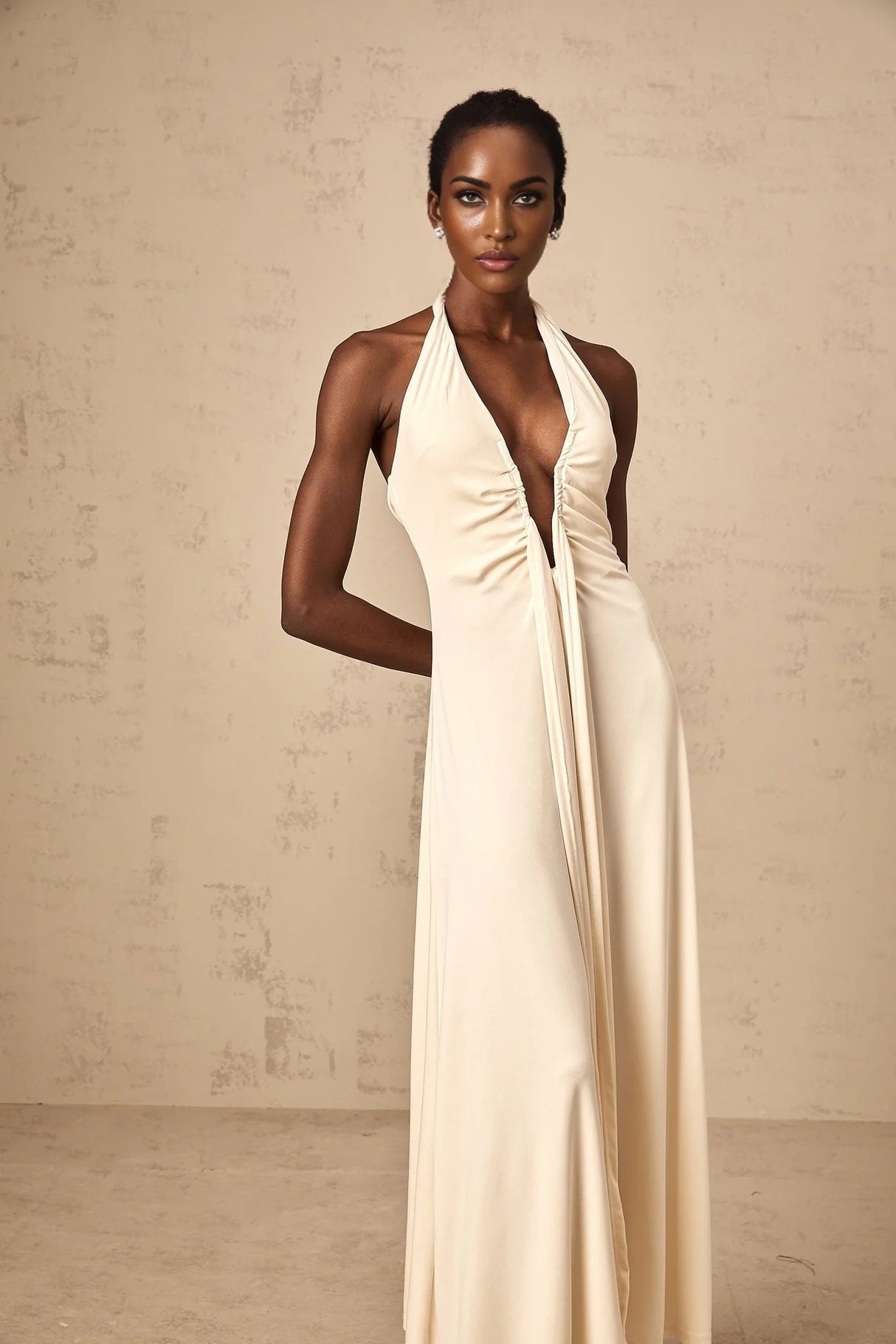 Emilia Maxi Dress White Deep - V Draped Ribbon Ruched Ankle - Length
