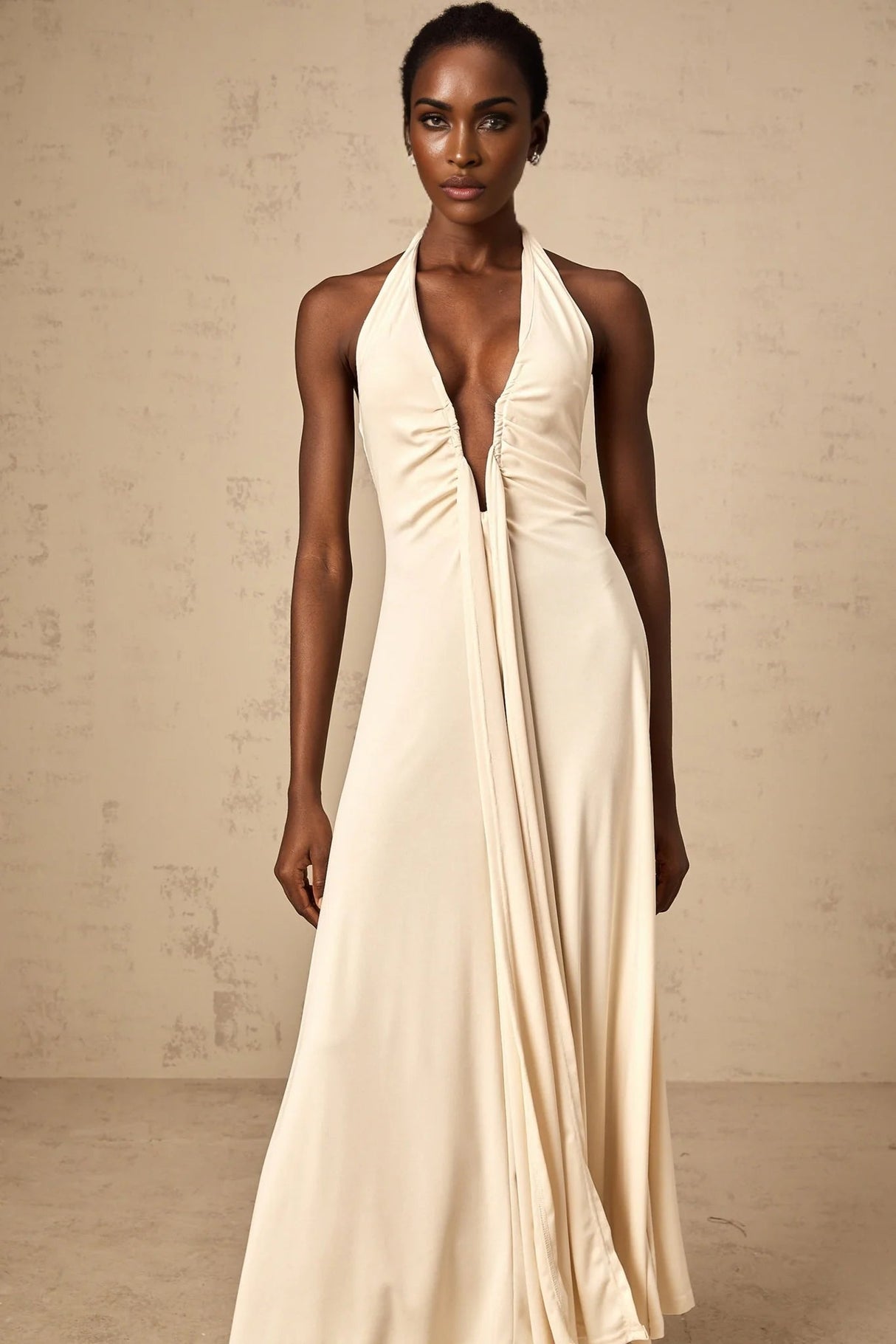 Emilia Maxi Dress White Deep - V Draped Ribbon Ruched Ankle - Length