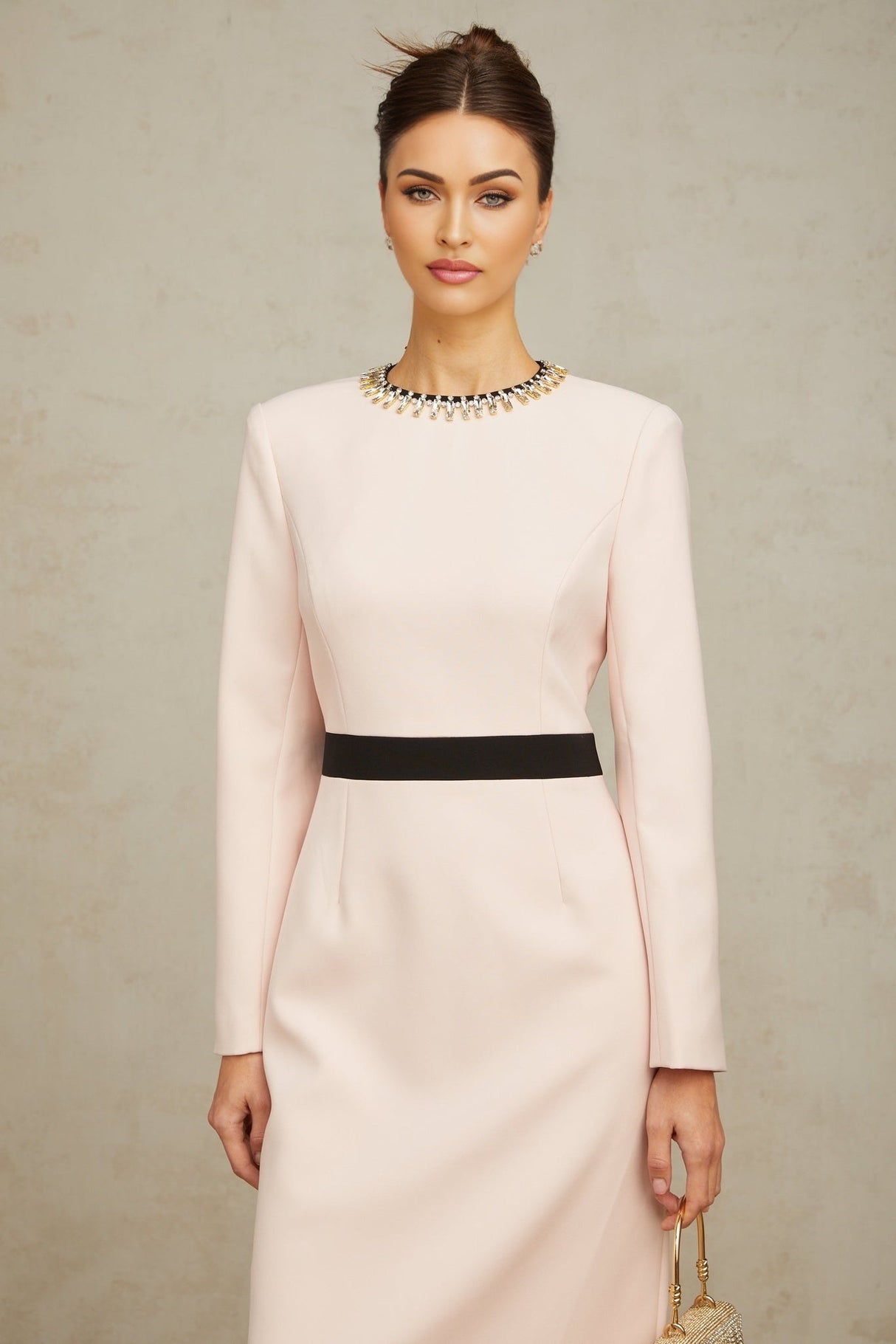 Emilia Midi Dress - Color Block Design - Crystal Embellishment - Dart Detailing - Rear Slit