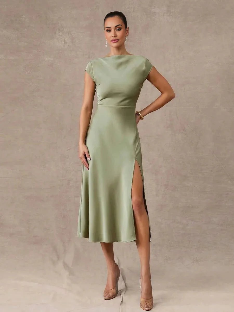Emilia Midi Dress - Round Neck - Formal & Evening - High Waist - Elegant Style - Backless Twist Zipper