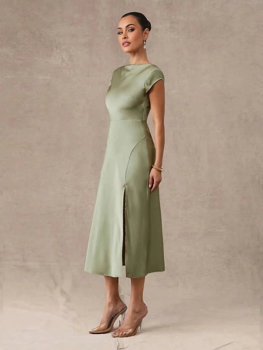 Emilia Midi Dress - Round Neck - Formal & Evening - High Waist - Elegant Style - Backless Twist Zipper