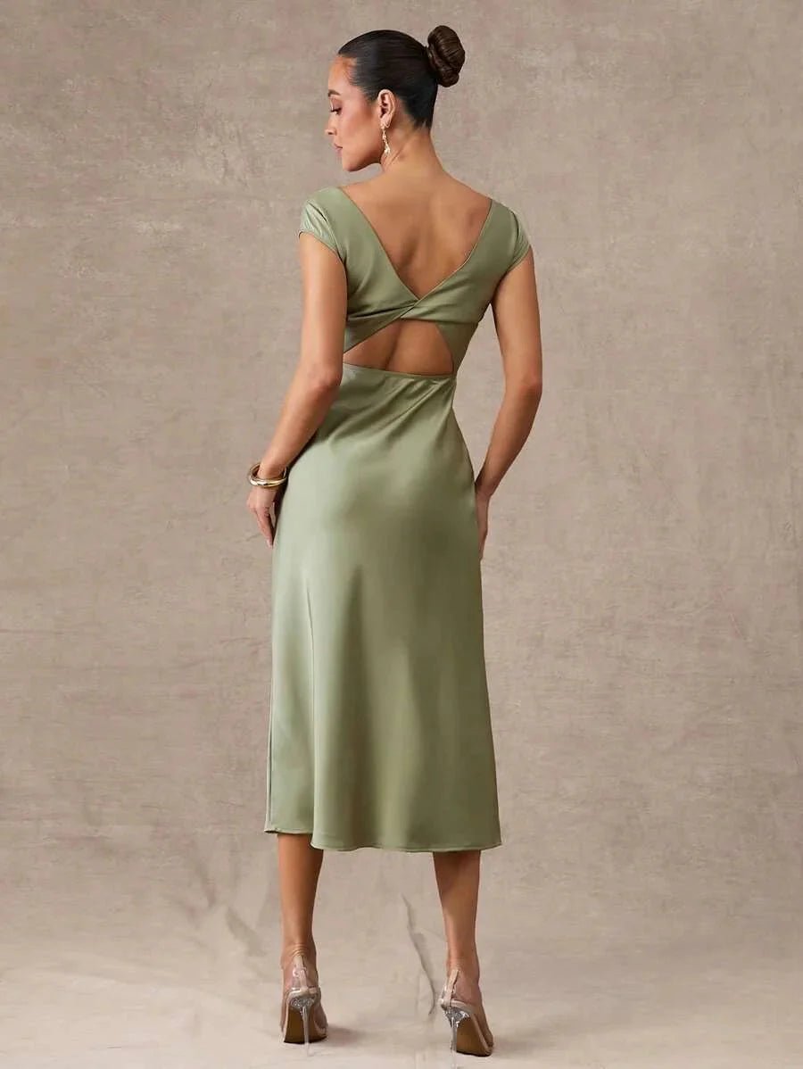 Emilia Midi Dress - Round Neck - Formal & Evening - High Waist - Elegant Style - Backless Twist Zipper