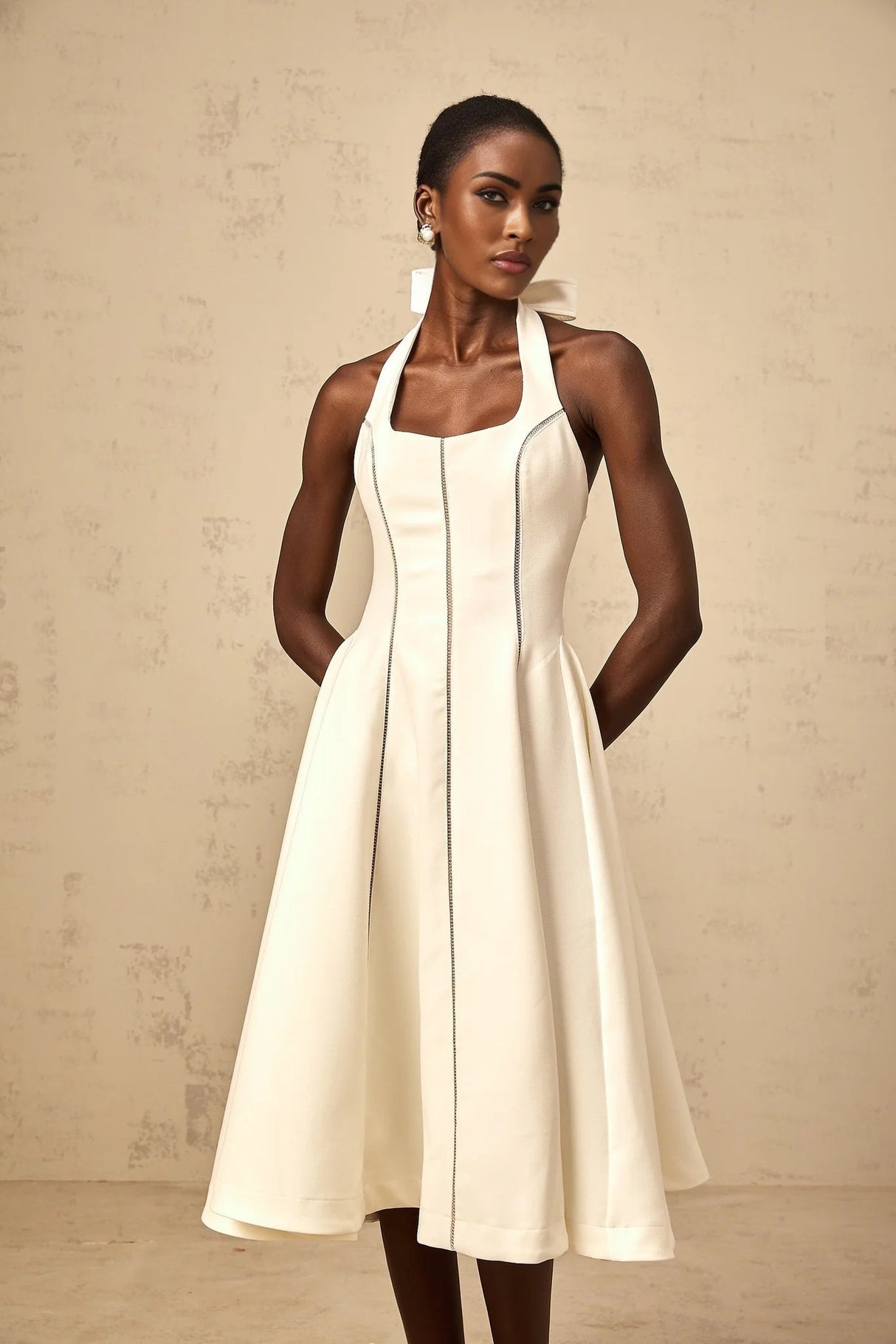 Emilia Midi Dress White Halter - neck Bow Detail