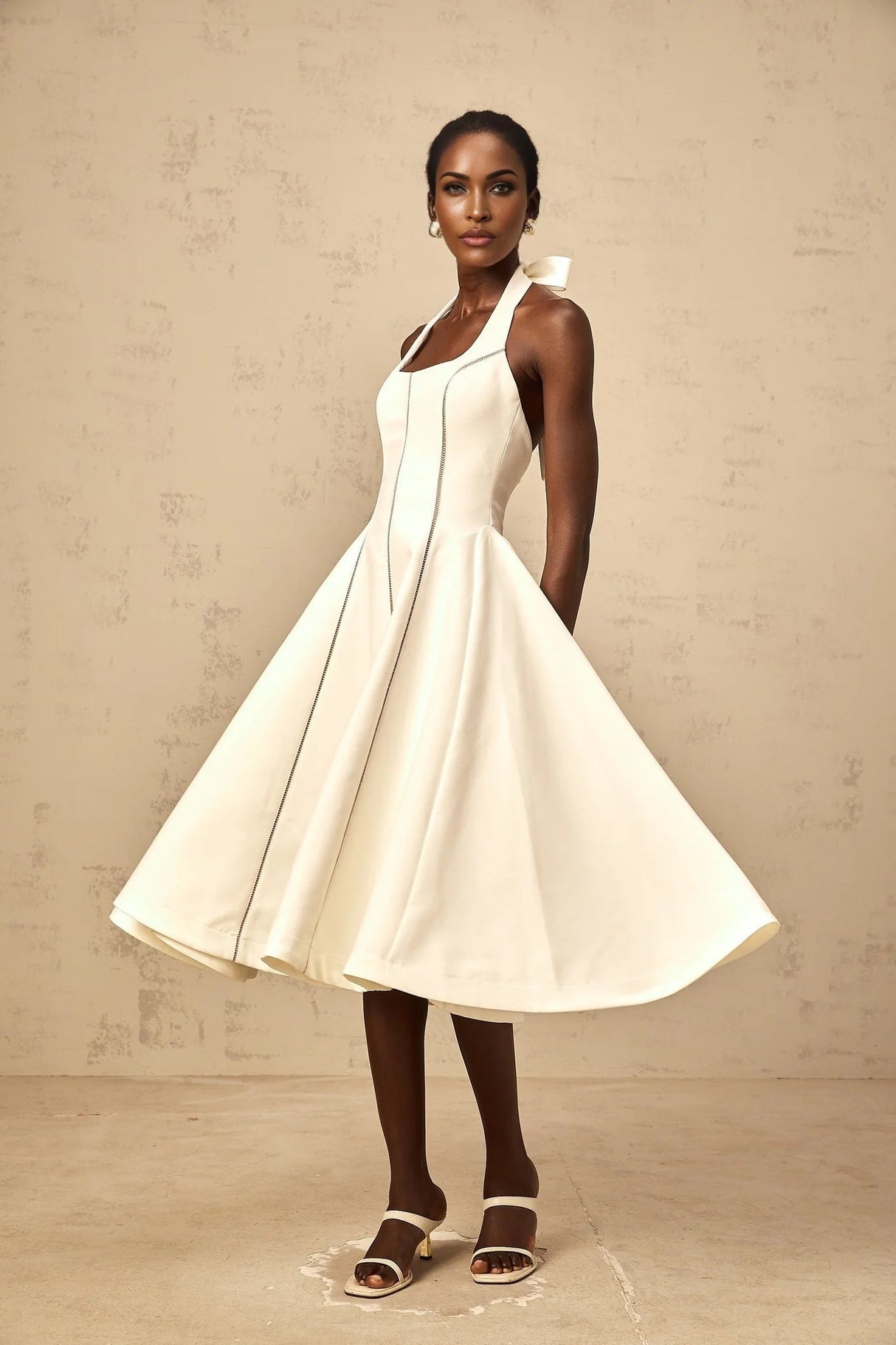 Emilia Midi Dress White Halter - neck Bow Detail