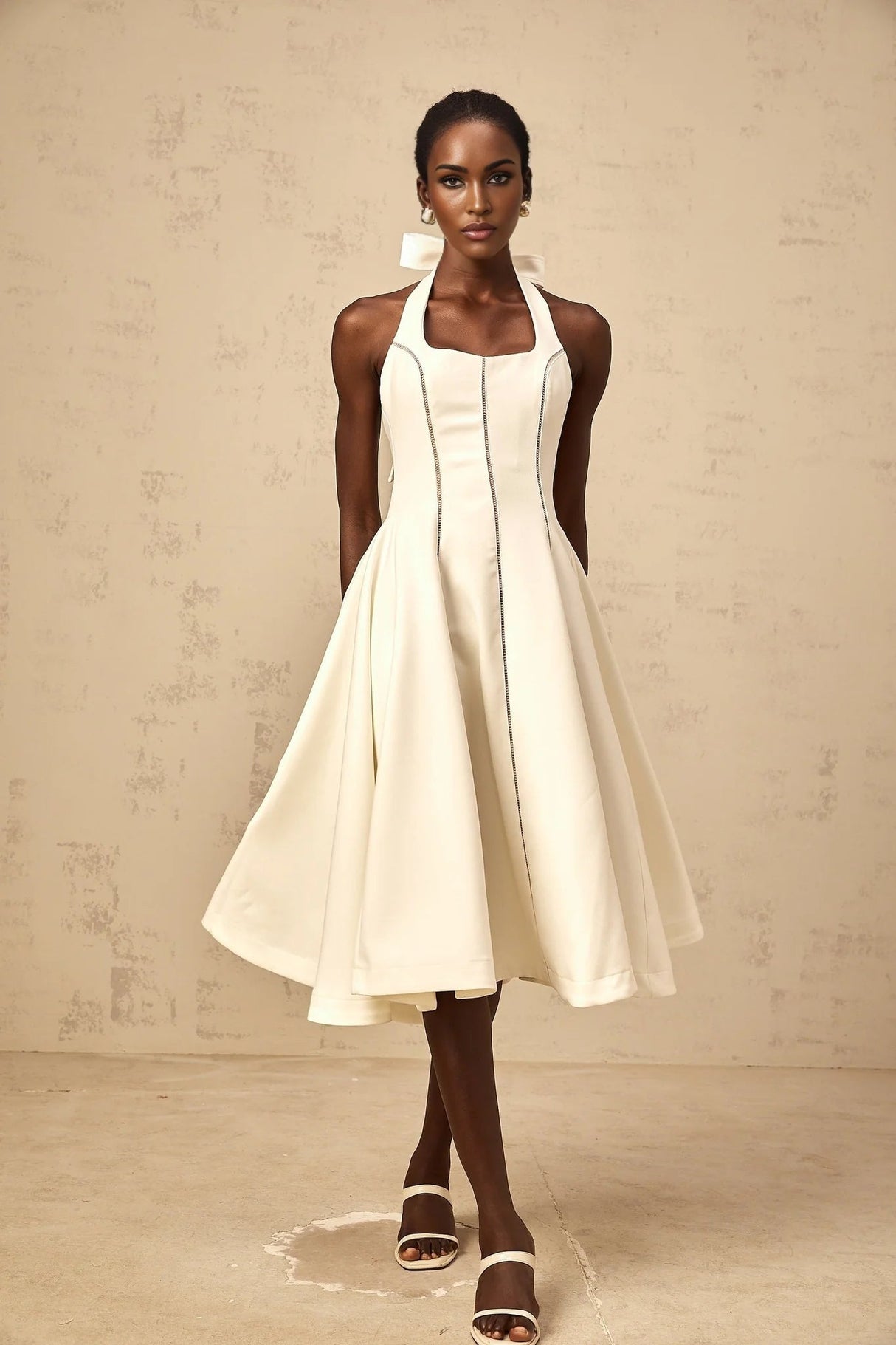 Emilia Midi Dress White Halter - neck Bow Detail