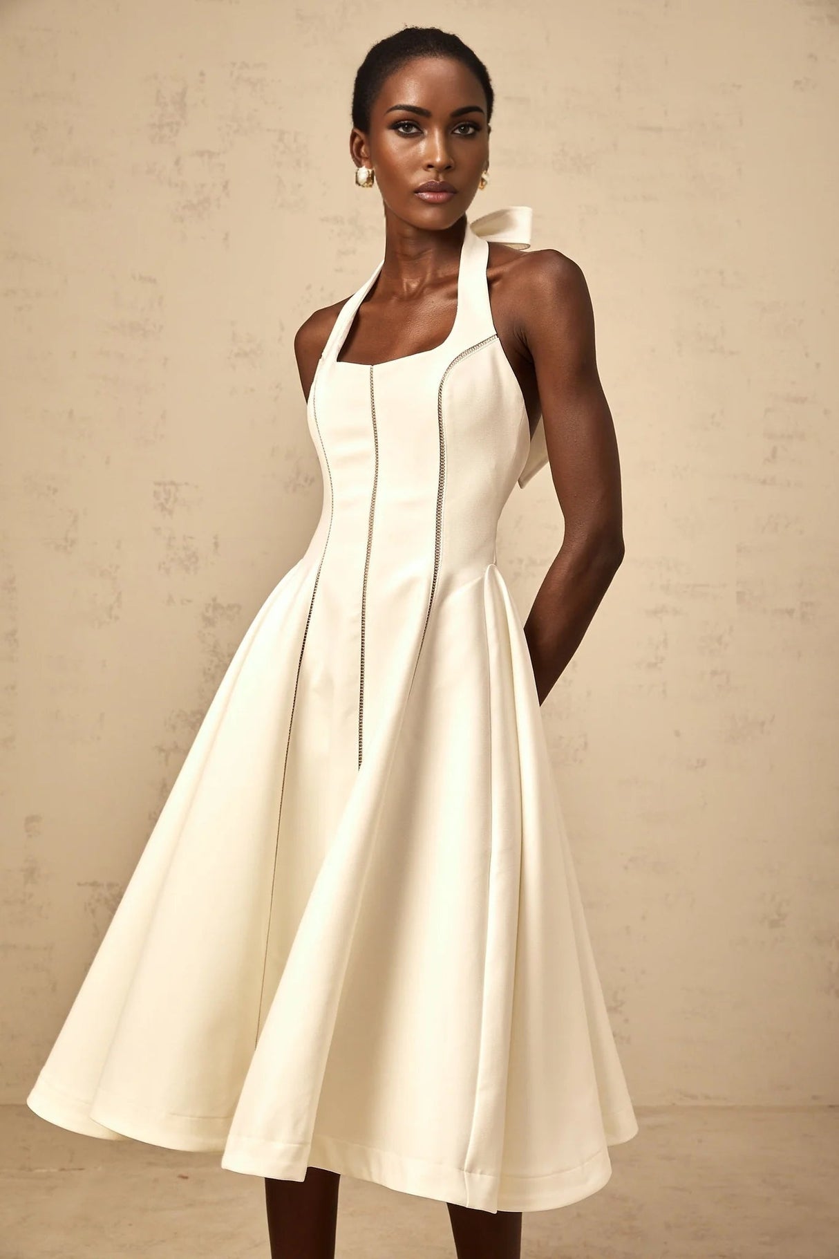 Emilia Midi Dress White Halter - neck Bow Detail