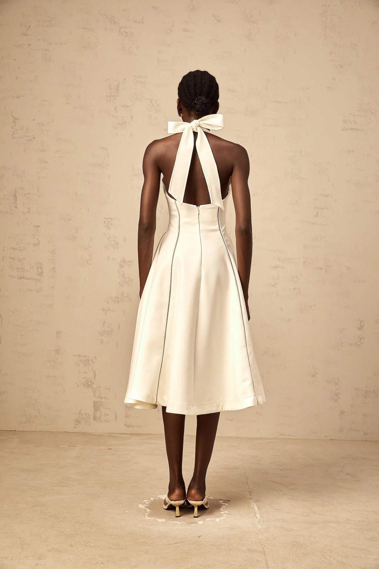 Emilia Midi Dress White Halter - neck Bow Detail