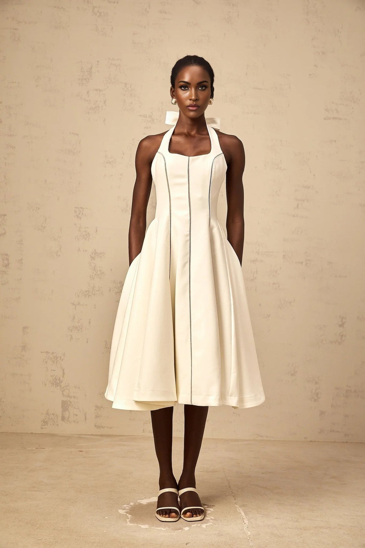 Emilia Midi Dress White Halter - neck Bow Detail