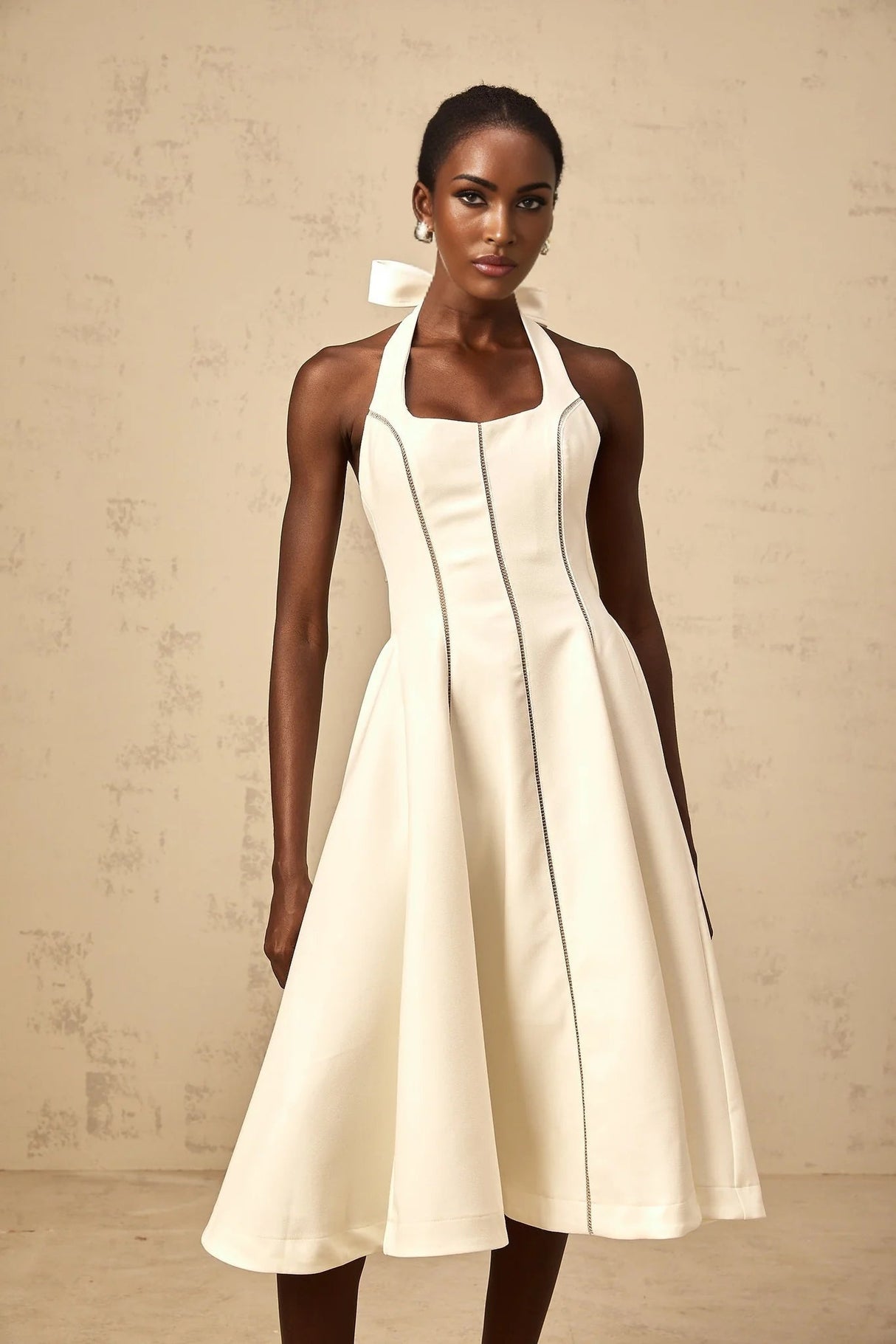 Emilia Midi Dress White Halter - neck Bow Detail