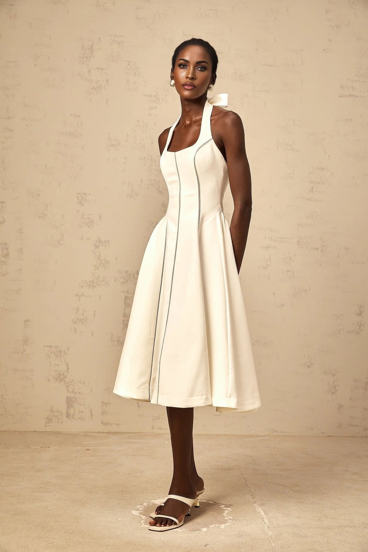 Emilia Midi Dress White Halter - neck Bow Detail