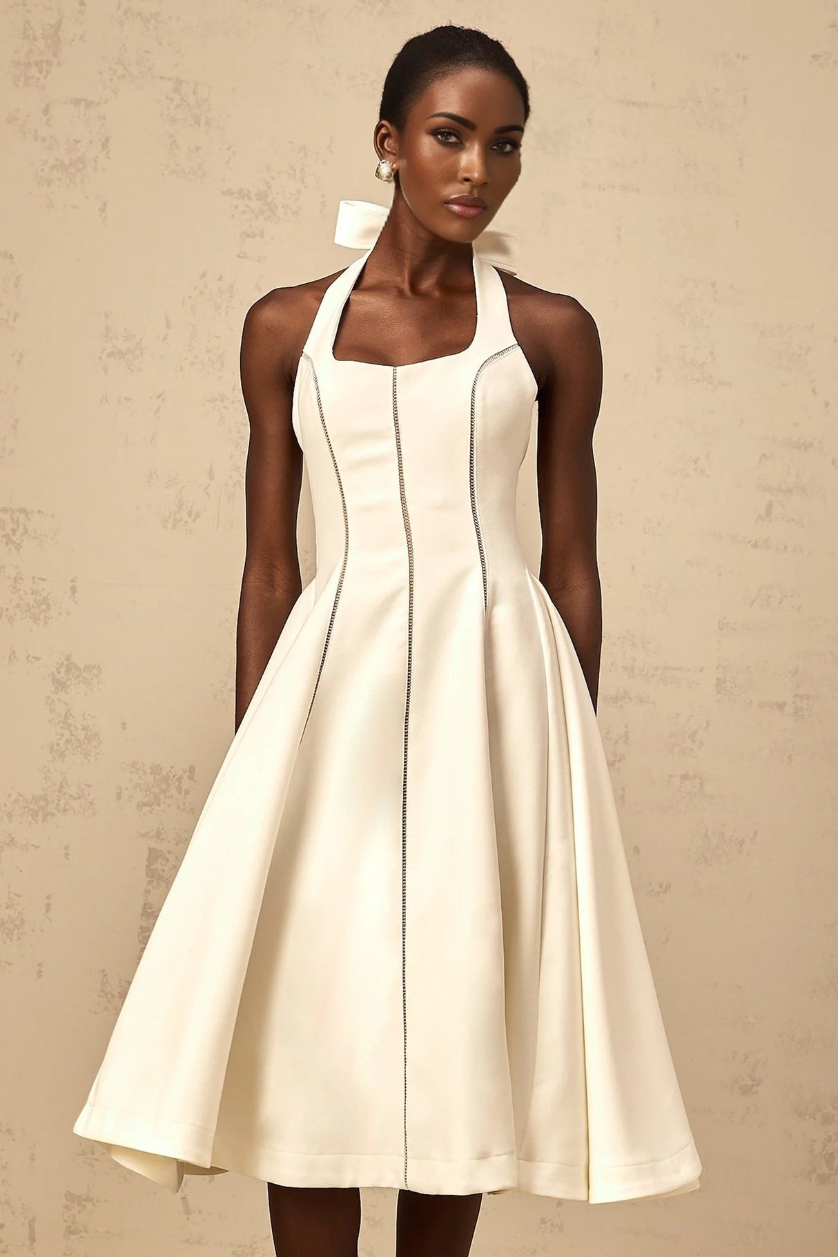 Emilia Midi Dress White Halter - neck Bow Detail