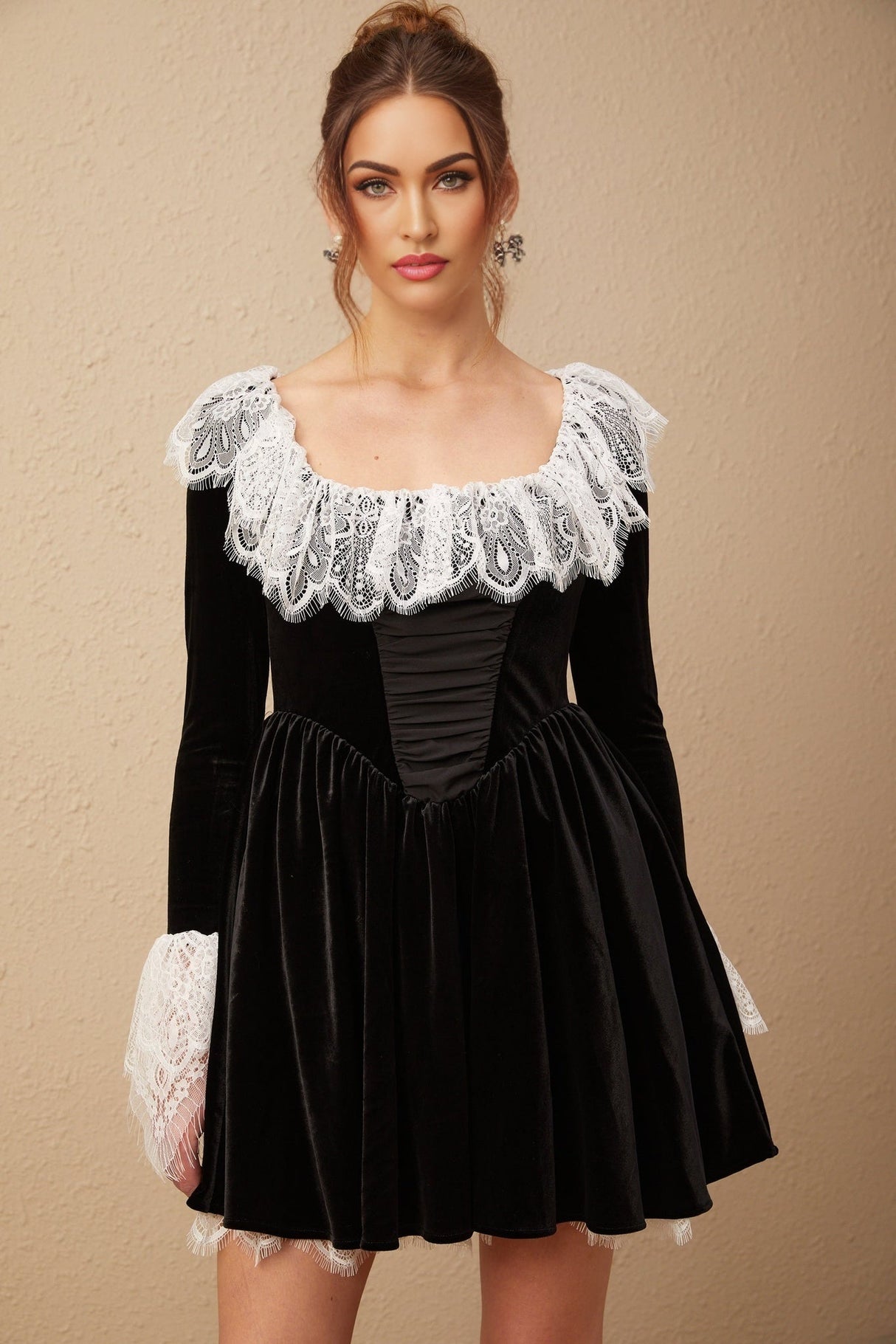 Emily Mini Dress - Square Neckline - Ruffled Cuffs - Color Blocked Design - Puff Skirt