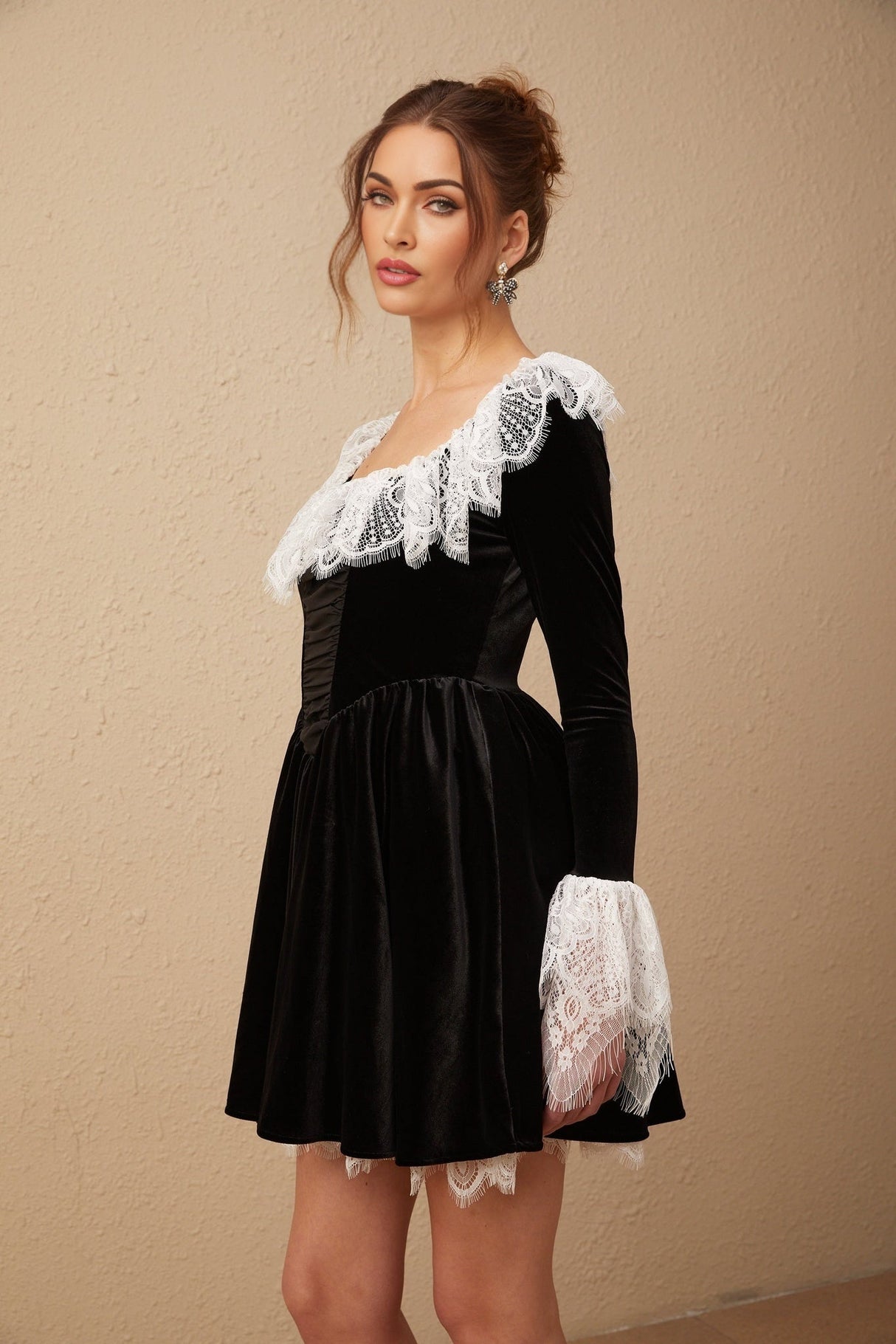 Emily Mini Dress - Square Neckline - Ruffled Cuffs - Color Blocked Design - Puff Skirt