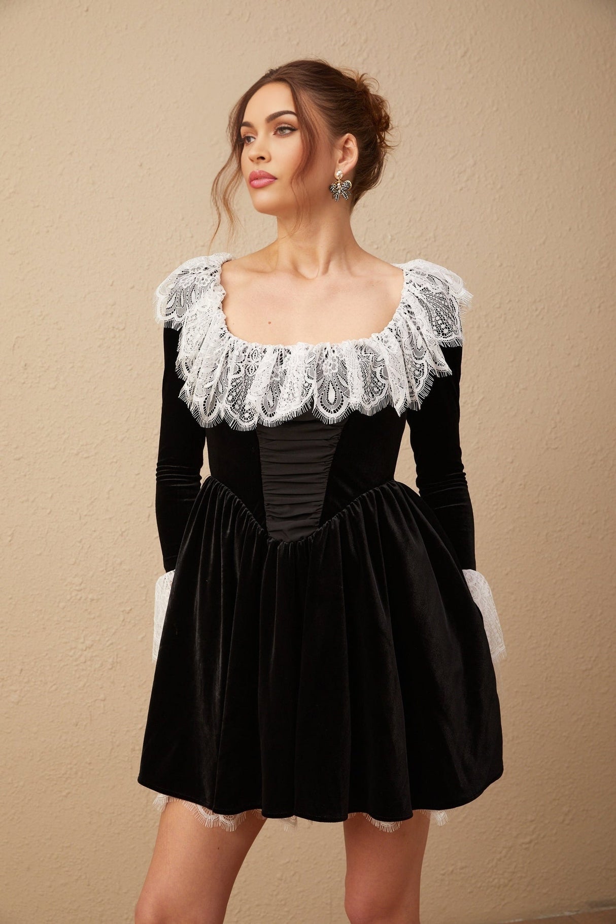 Emily Mini Dress - Square Neckline - Ruffled Cuffs - Color Blocked Design - Puff Skirt