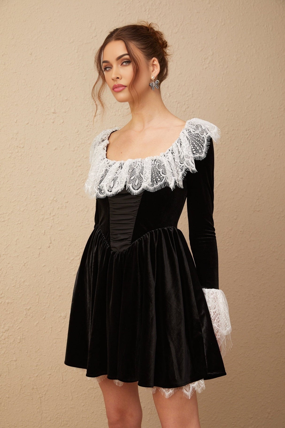 Emily Mini Dress - Square Neckline - Ruffled Cuffs - Color Blocked Design - Puff Skirt