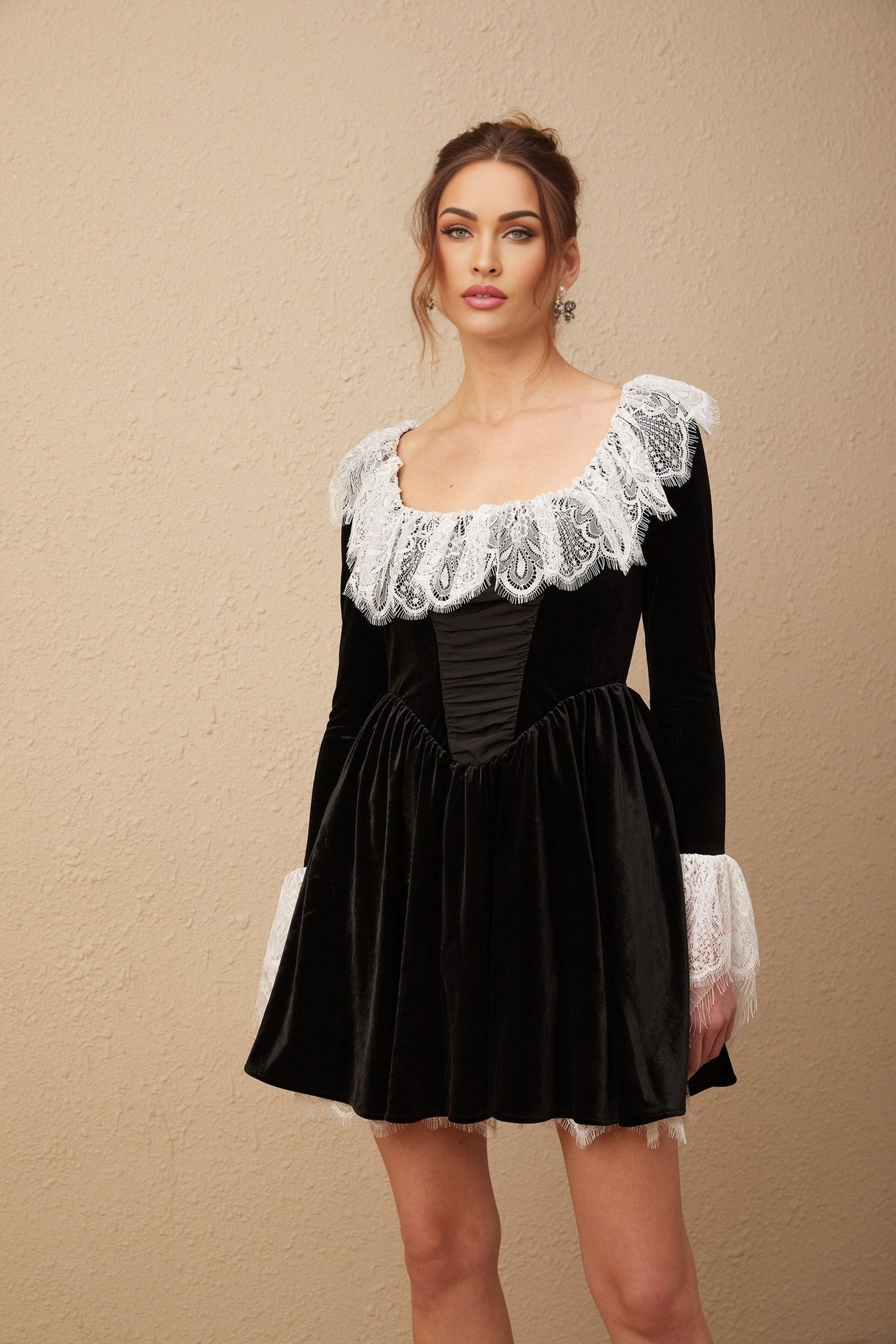 Emily Mini Dress - Square Neckline - Ruffled Cuffs - Color Blocked Design - Puff Skirt