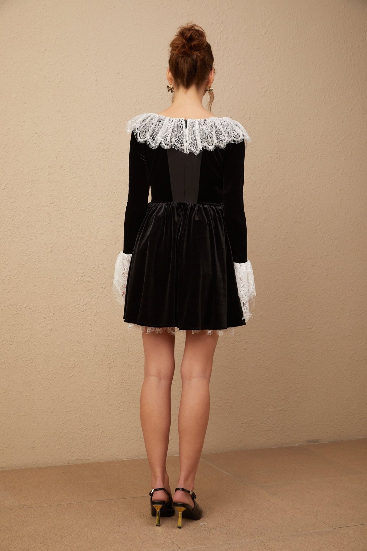 Emily Mini Dress - Square Neckline - Ruffled Cuffs - Color Blocked Design - Puff Skirt