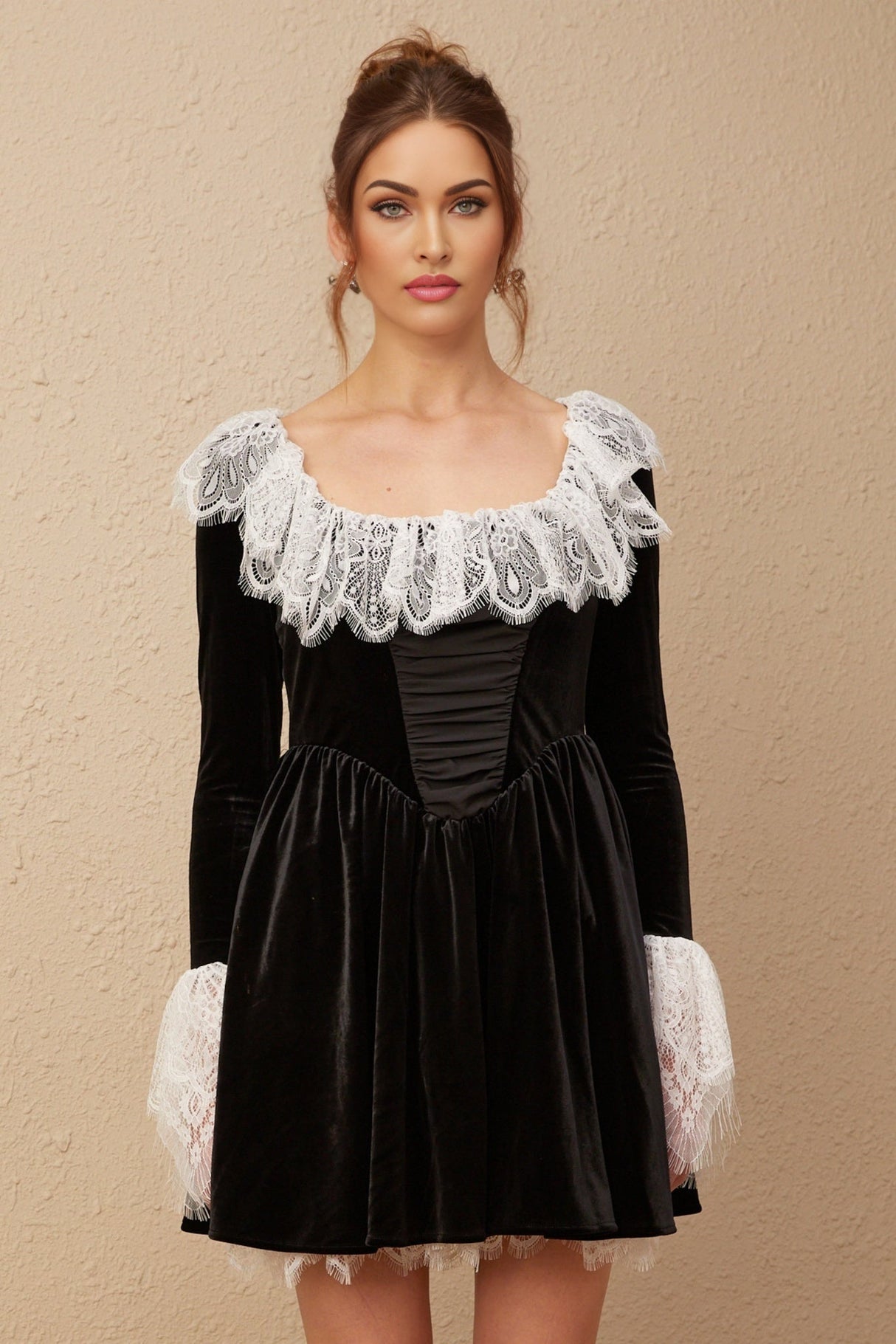 Emily Mini Dress - Square Neckline - Ruffled Cuffs - Color Blocked Design - Puff Skirt