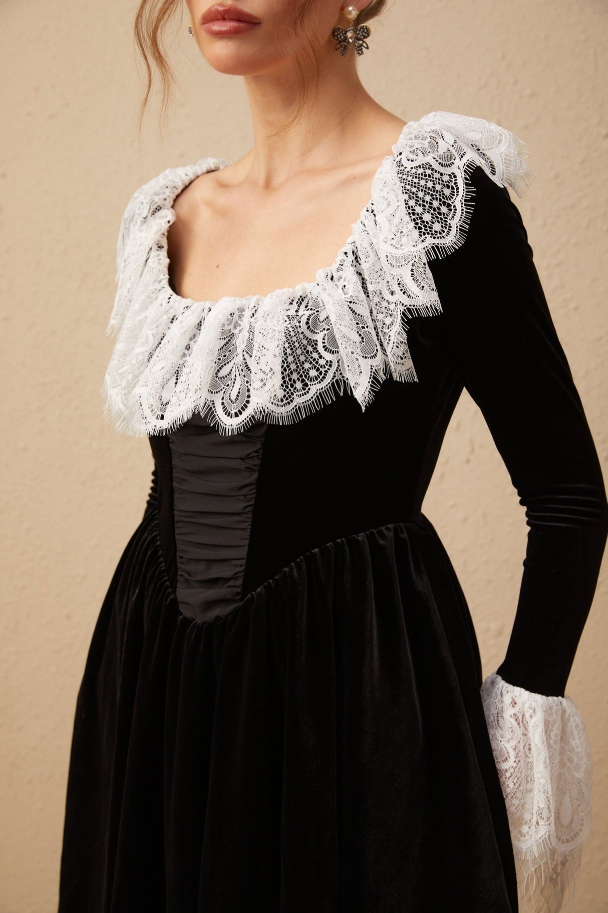 Emily Mini Dress - Square Neckline - Ruffled Cuffs - Color Blocked Design - Puff Skirt