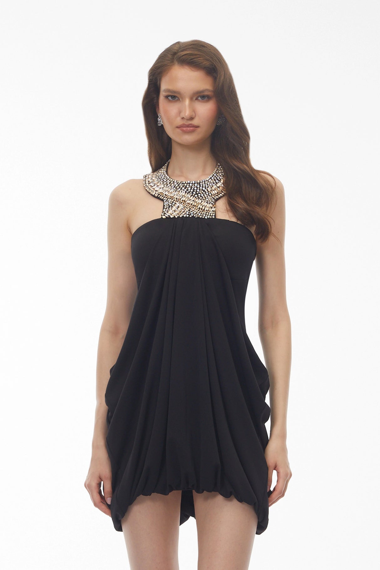 Emma Black Halterneck Embellished Ruched Mini Dress