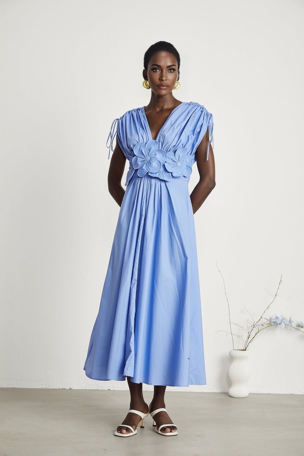 Emma Maxi Dress - V - Neck Style - Short Sleeves - 3D Petal Detailing - Elegant Bow