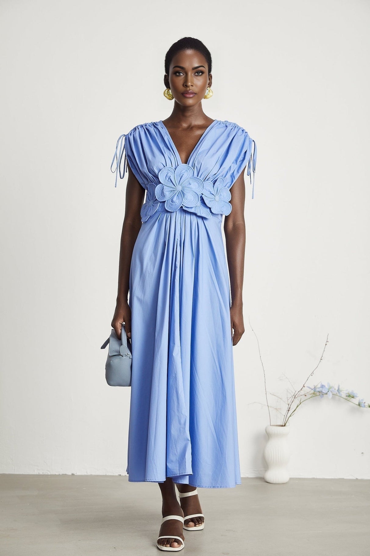 Emma Maxi Dress - V - Neck Style - Short Sleeves - 3D Petal Detailing - Elegant Bow