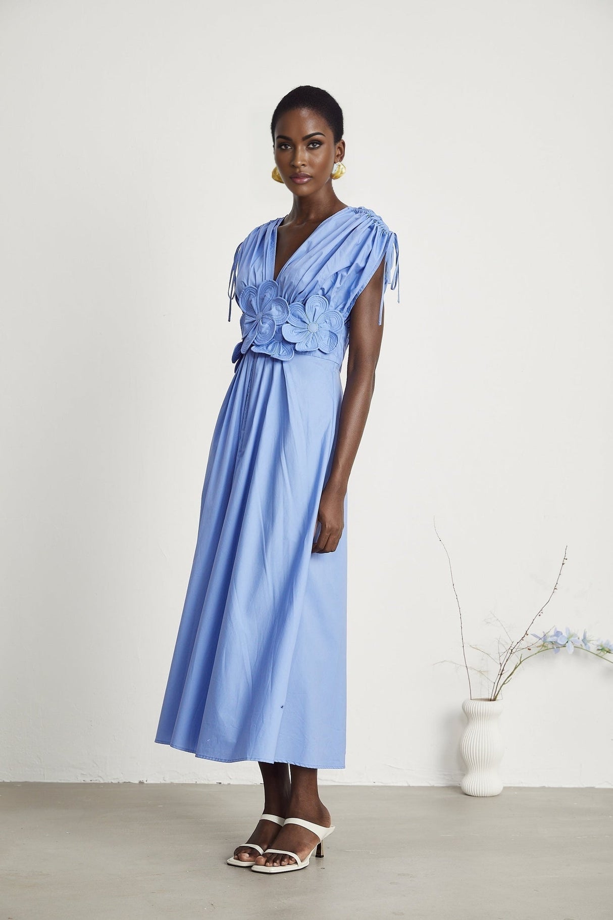 Emma Maxi Dress - V - Neck Style - Short Sleeves - 3D Petal Detailing - Elegant Bow