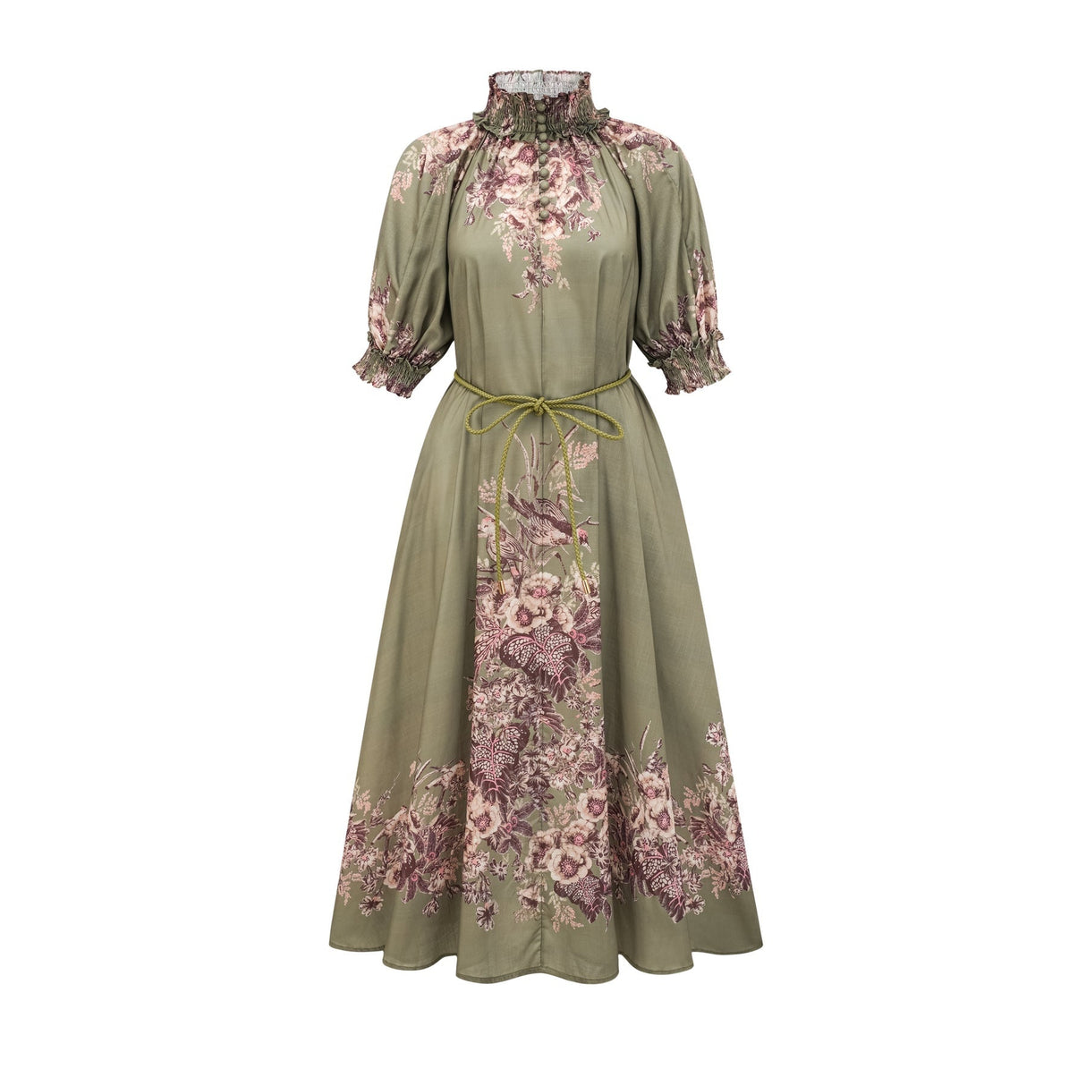 Emma Midi Dress - Puff Sleeves - Mock Neck - Gathered Detailing - Belted - Floral Print
