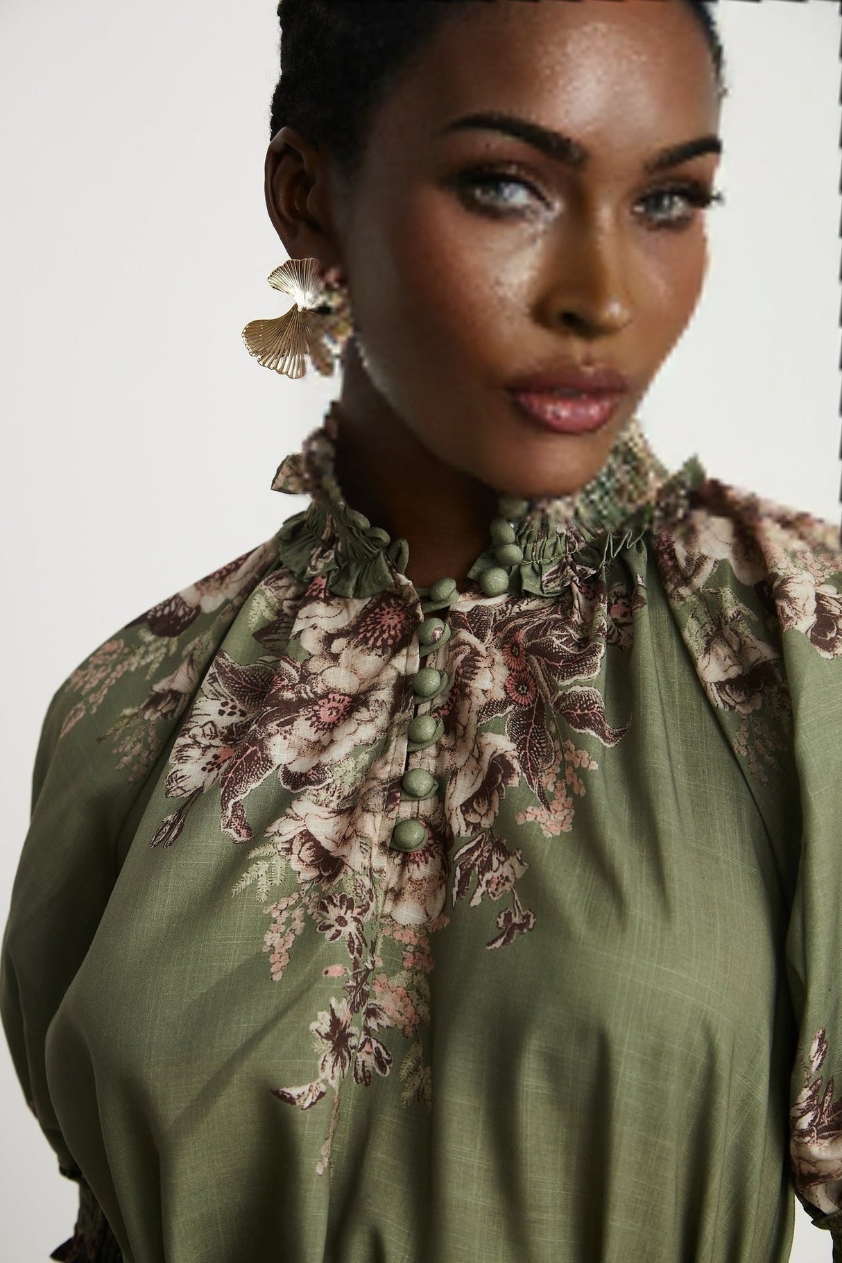 Emma Midi Dress - Puff Sleeves - Mock Neck - Gathered Detailing - Belted - Floral Print