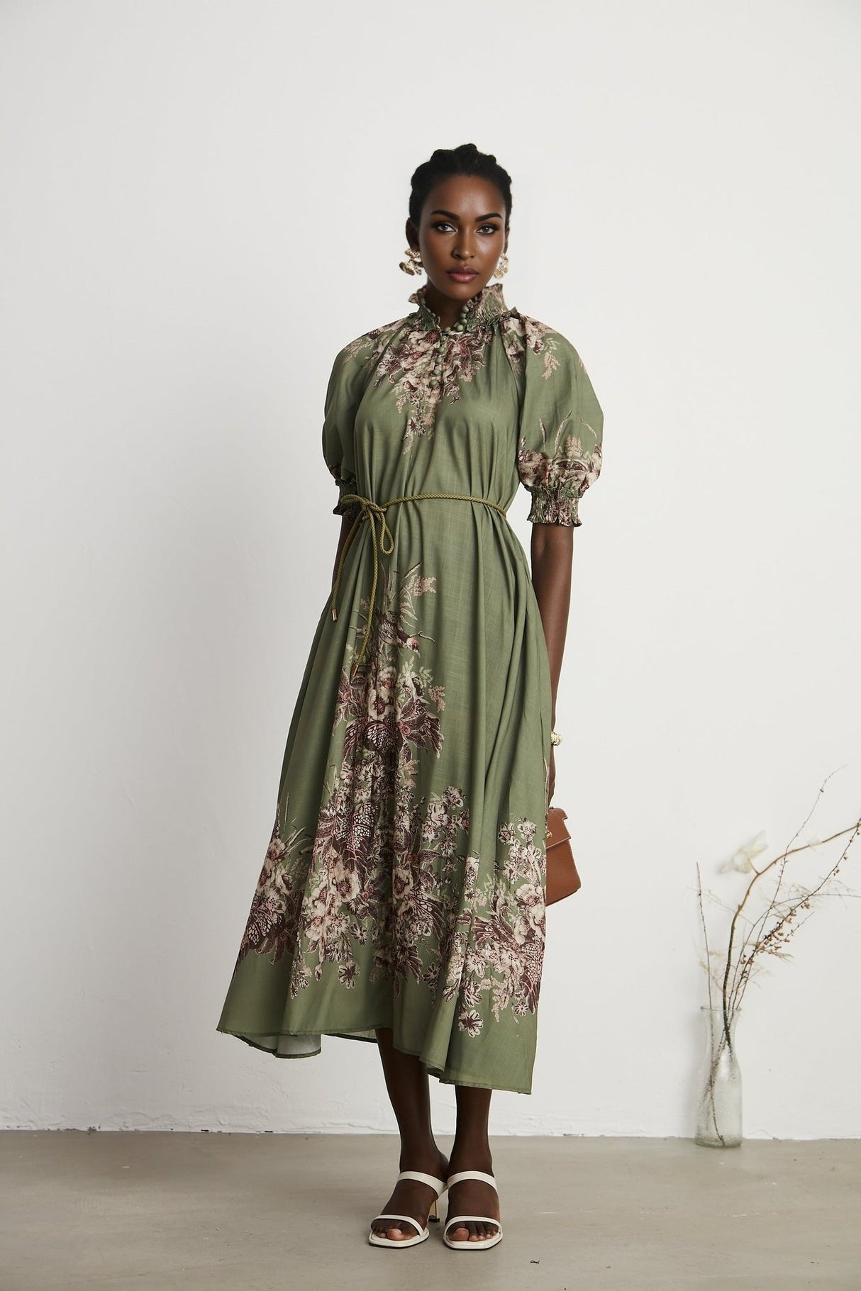 Emma Midi Dress - Puff Sleeves - Mock Neck - Gathered Detailing - Belted - Floral Print