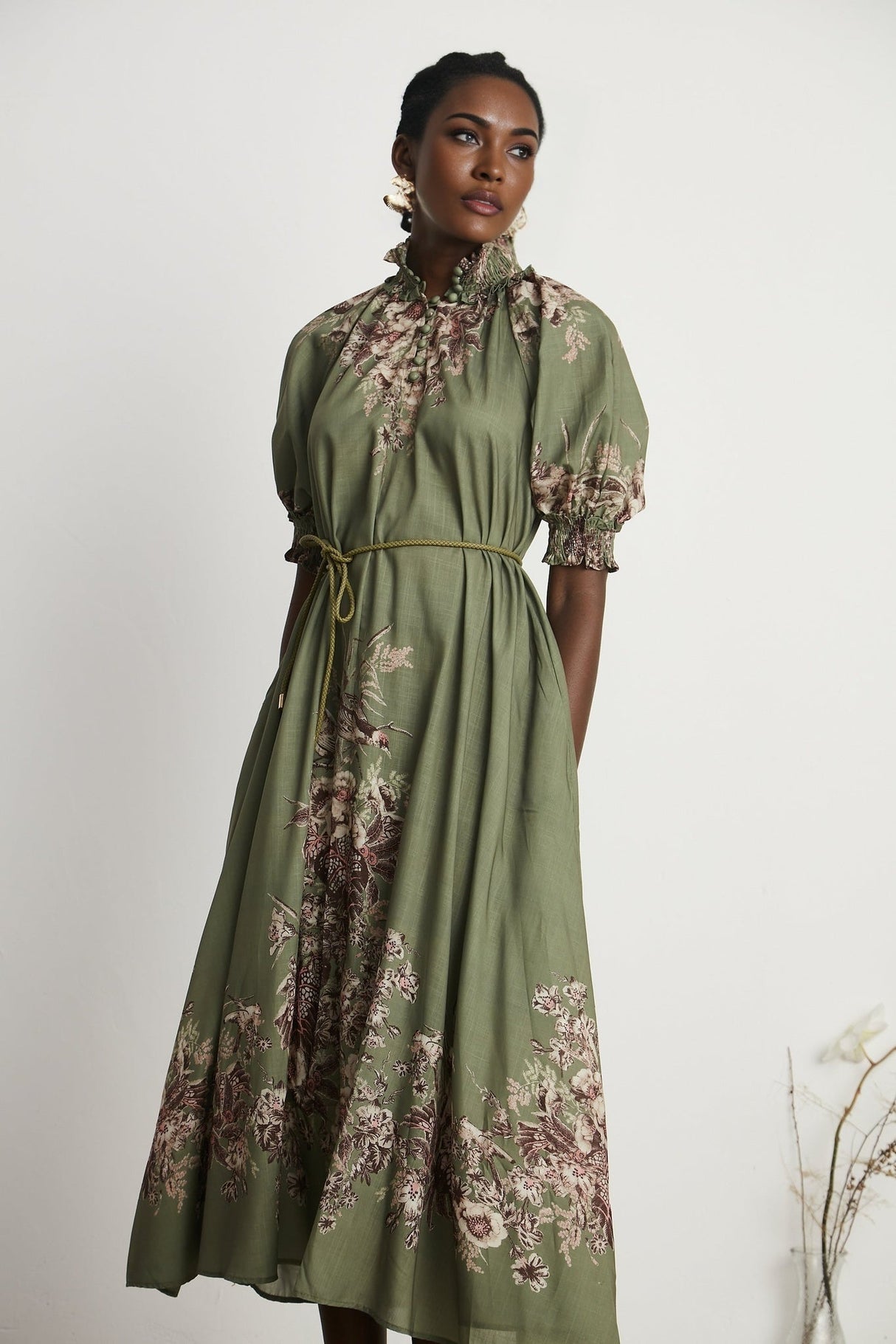 Emma Midi Dress - Puff Sleeves - Mock Neck - Gathered Detailing - Belted - Floral Print