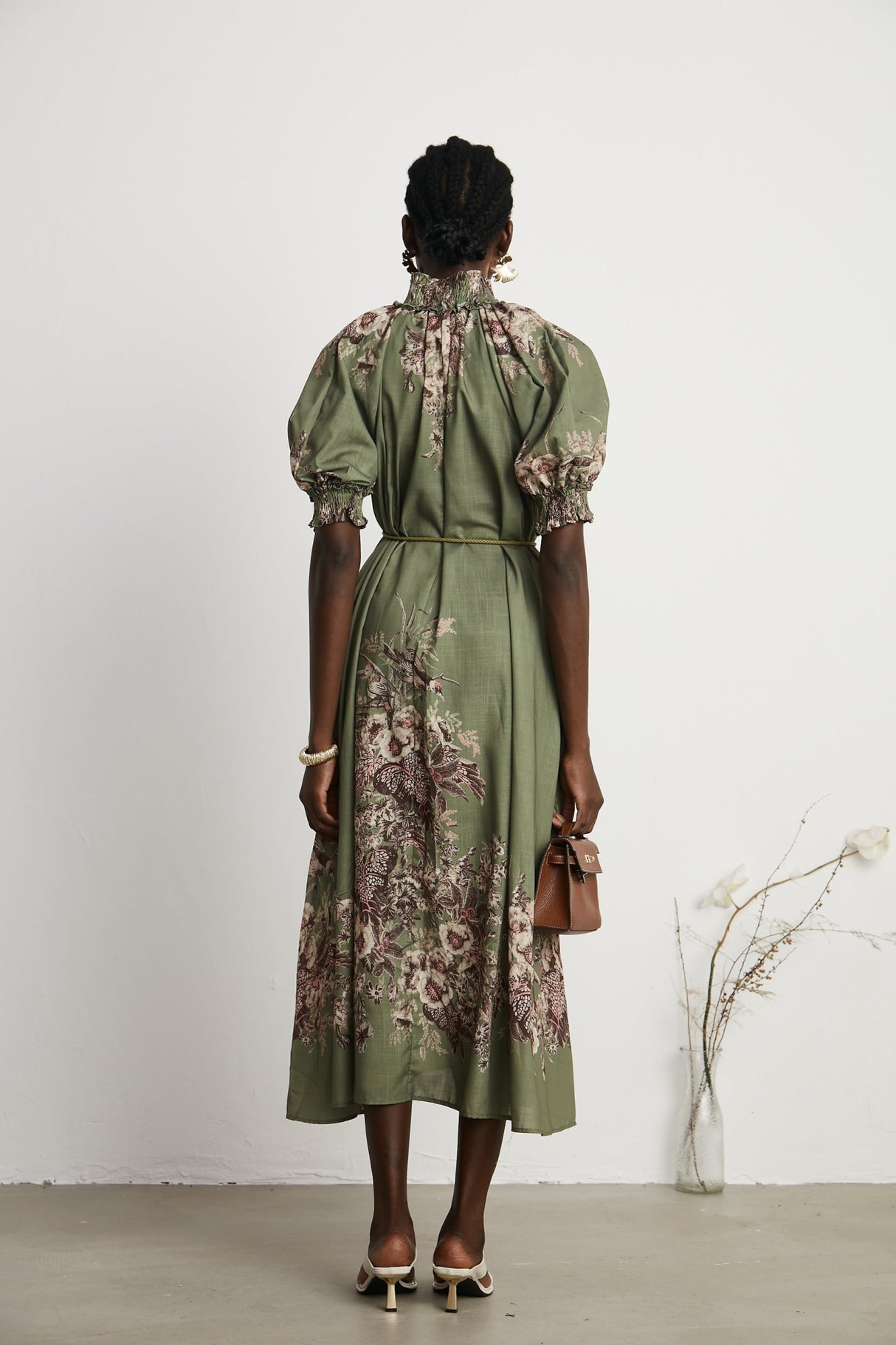 Emma Midi Dress - Puff Sleeves - Mock Neck - Gathered Detailing - Belted - Floral Print